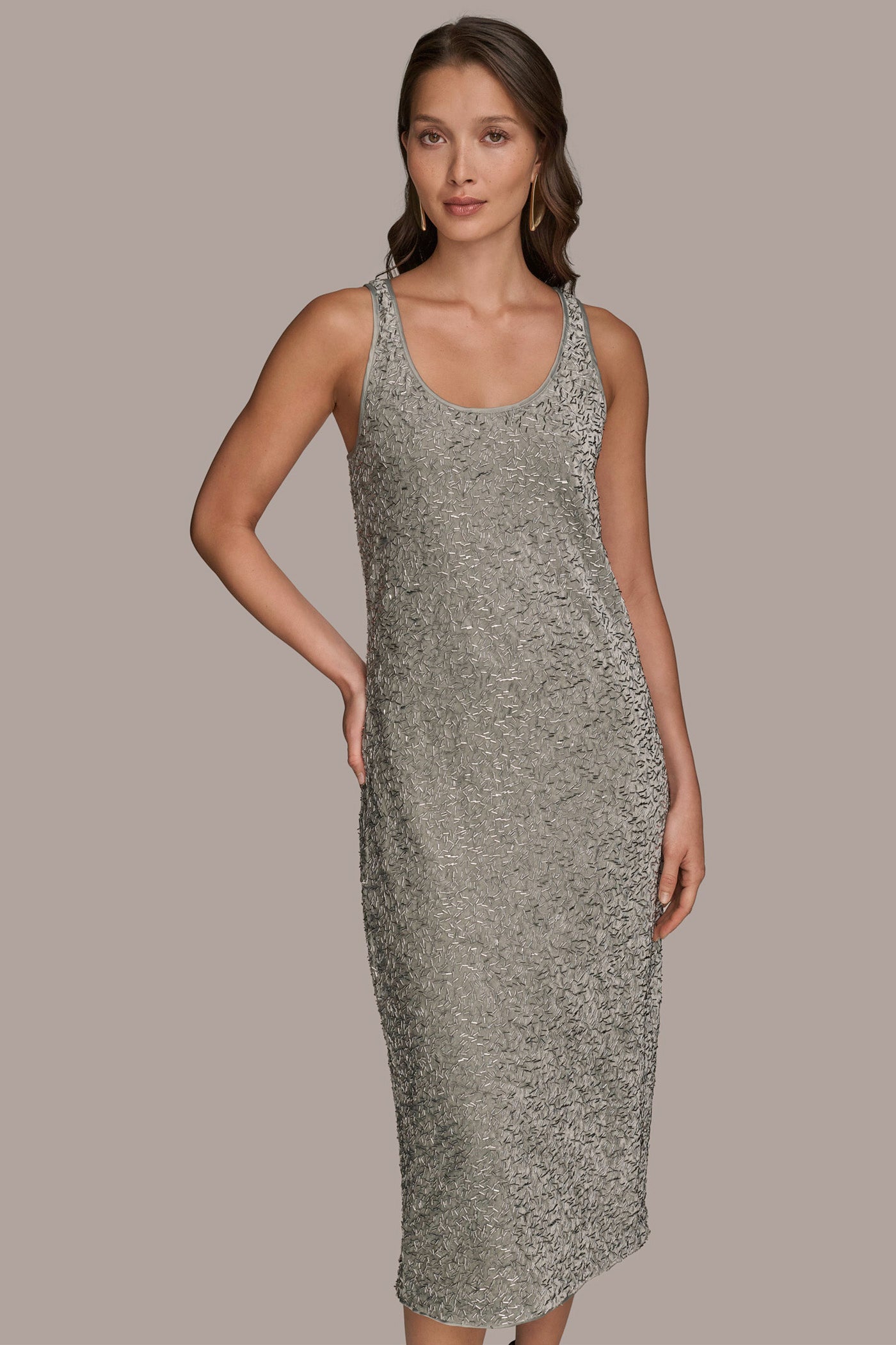 WEATHERED SAGE/SILVER SLEEVELESS BEADED VELVET MIDI DRESS Donna Karan