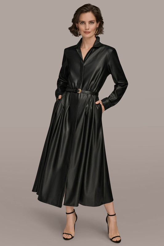 Black LONG SLEEVE FAUX LEATHER MIDI SHIRT DRESS Donna Karan