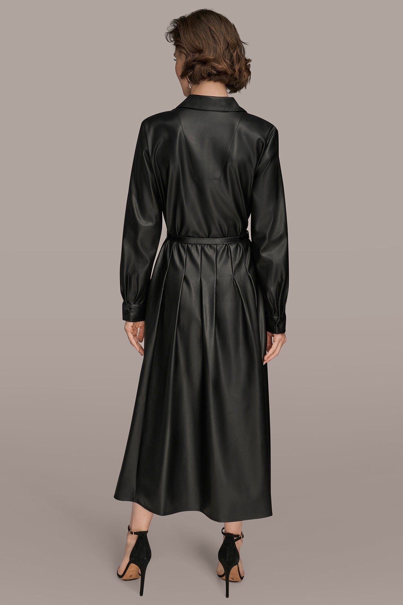 Black LONG SLEEVE FAUX LEATHER MIDI SHIRT DRESS Donna Karan