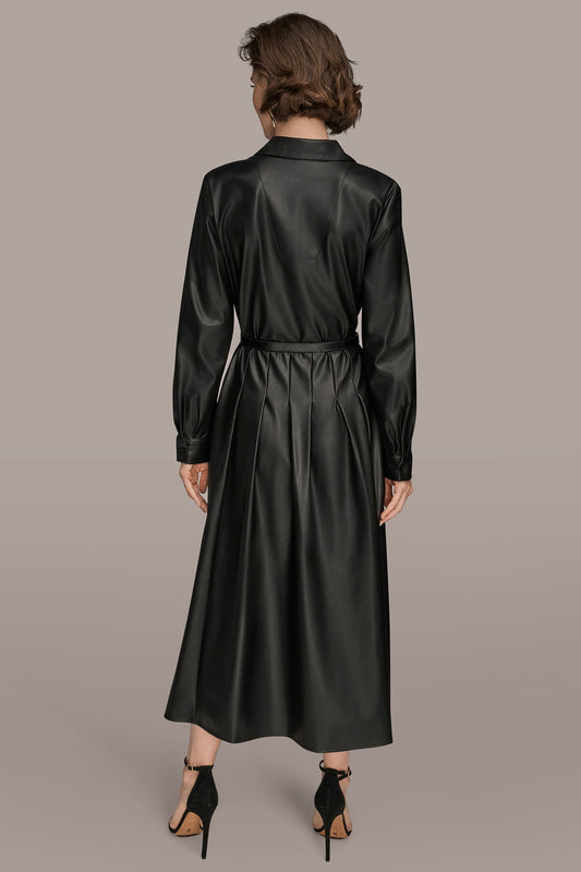 Black LONG SLEEVE FAUX LEATHER MIDI SHIRT DRESS Donna Karan