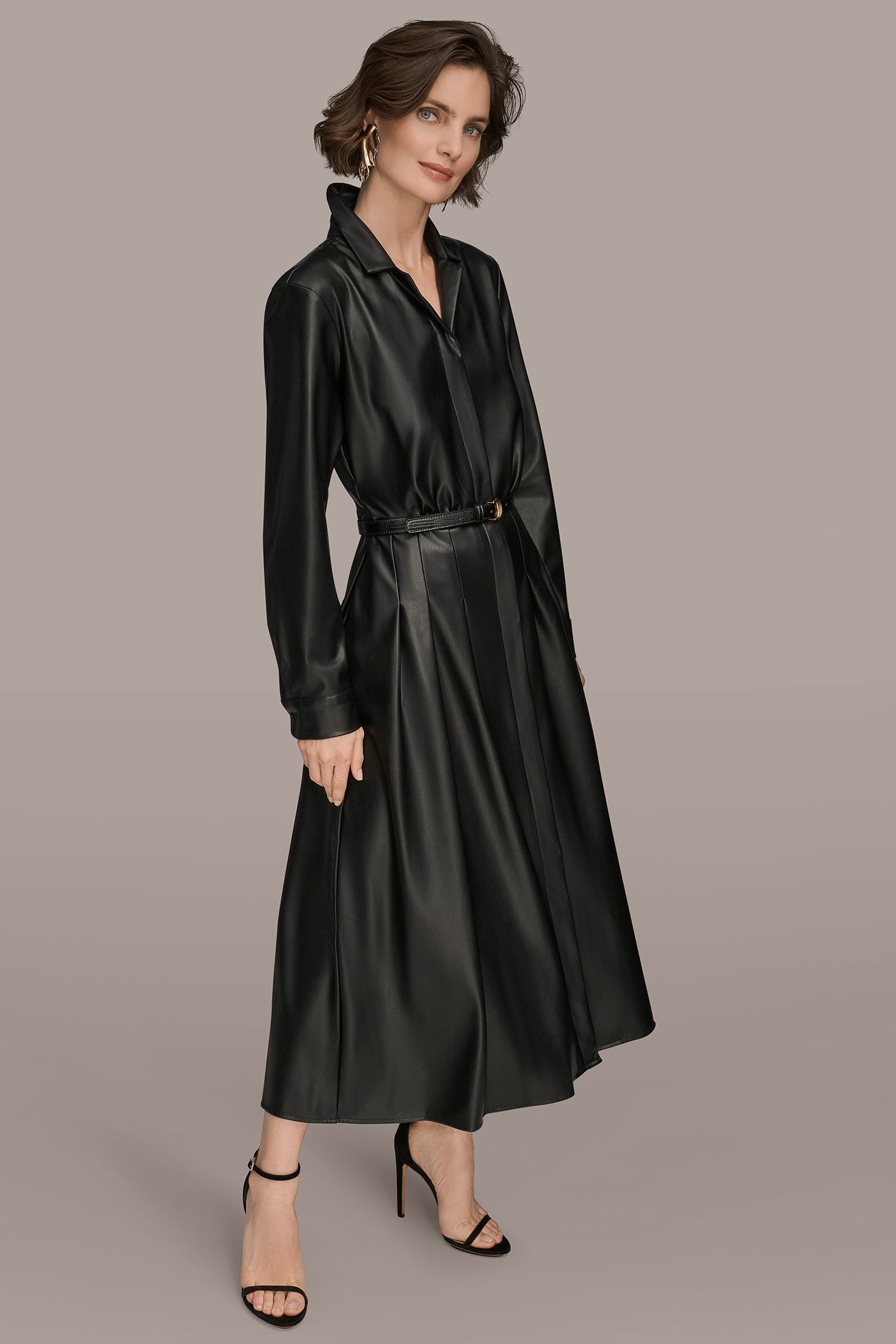 Black LONG SLEEVE FAUX LEATHER MIDI SHIRT DRESS Donna Karan