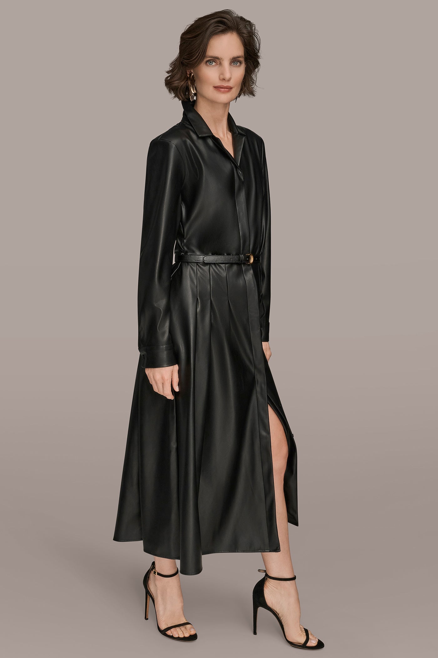 Black LONG SLEEVE FAUX LEATHER MIDI SHIRT DRESS Donna Karan