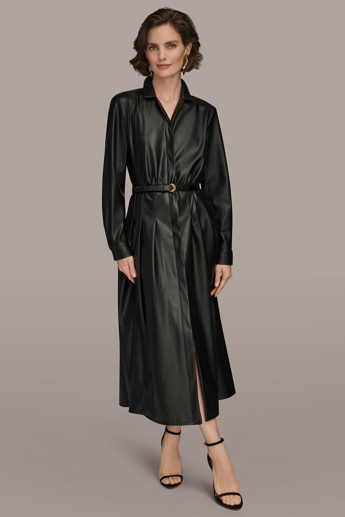 Black LONG SLEEVE FAUX LEATHER MIDI SHIRT DRESS Donna Karan