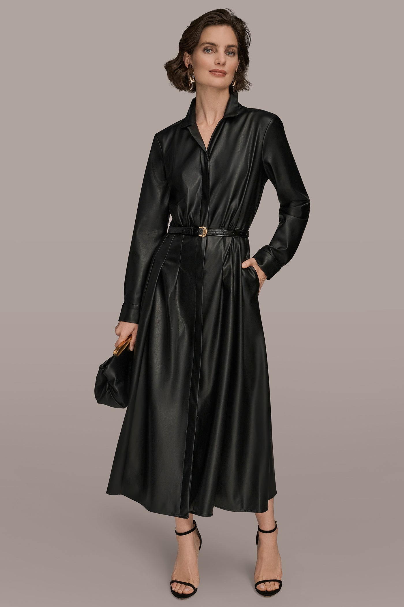 Black LONG SLEEVE FAUX LEATHER MIDI SHIRT DRESS Donna Karan