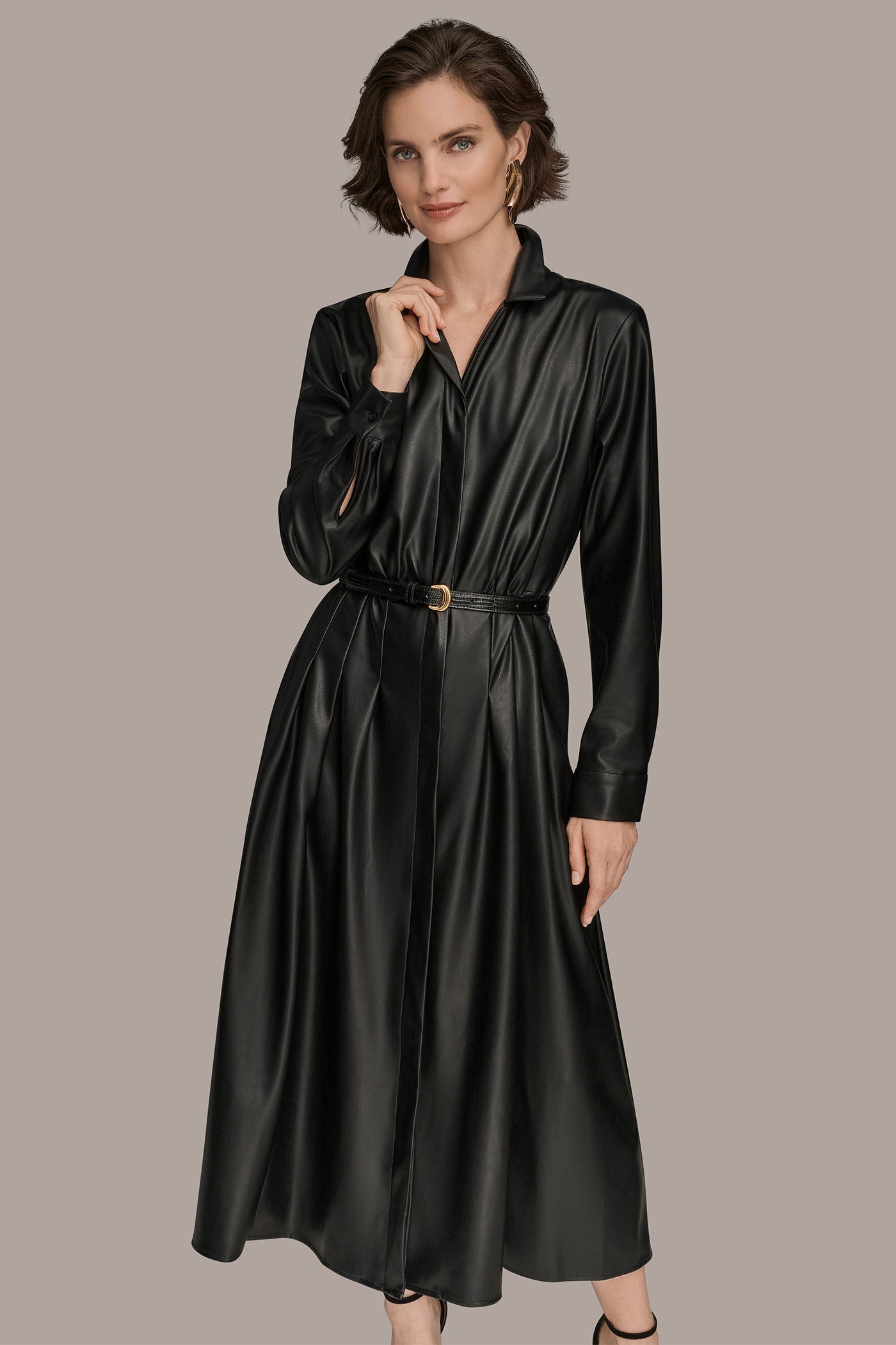 Black LONG SLEEVE FAUX LEATHER MIDI SHIRT DRESS Donna Karan