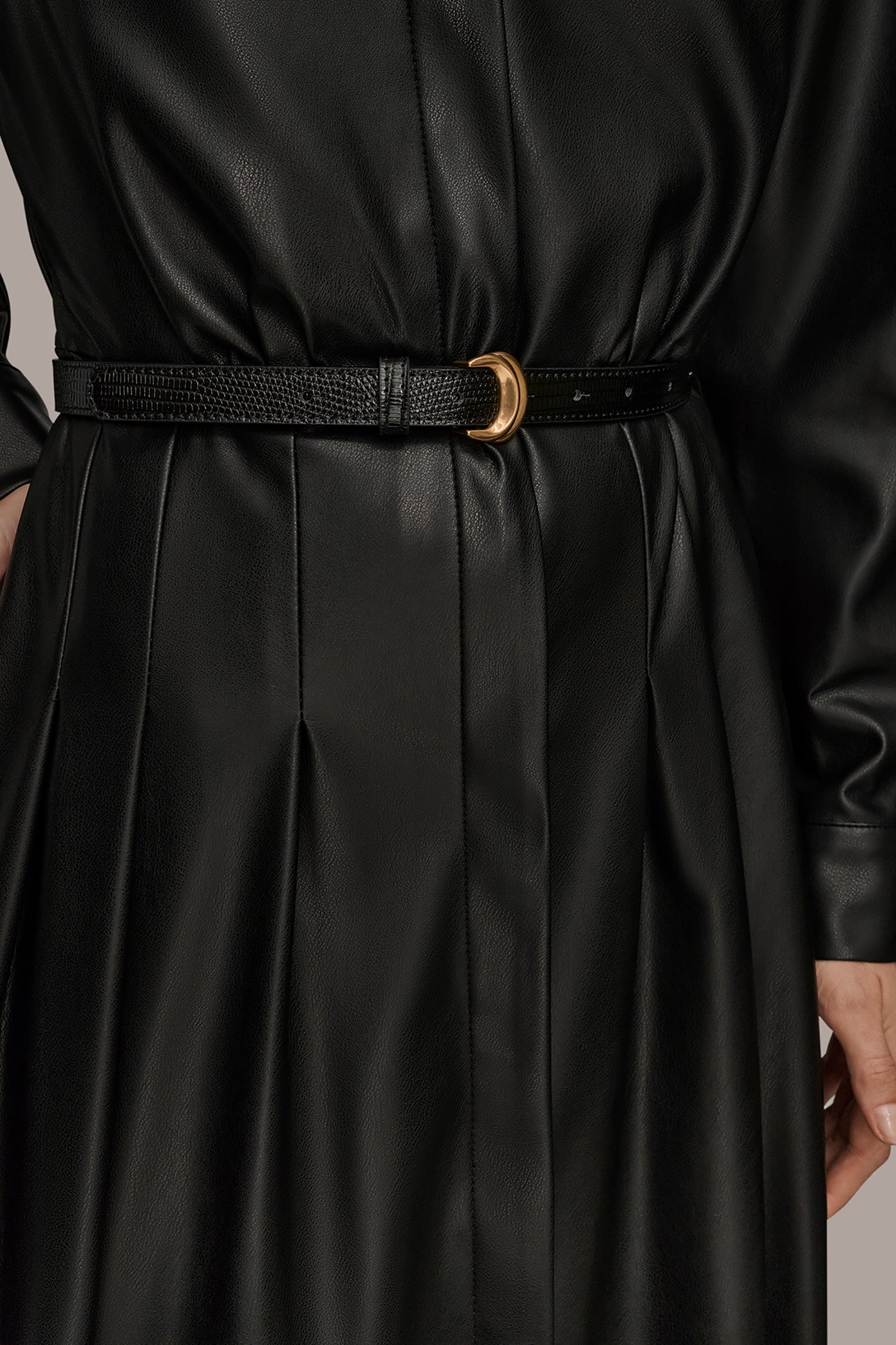 Black LONG SLEEVE FAUX LEATHER MIDI SHIRT DRESS Donna Karan