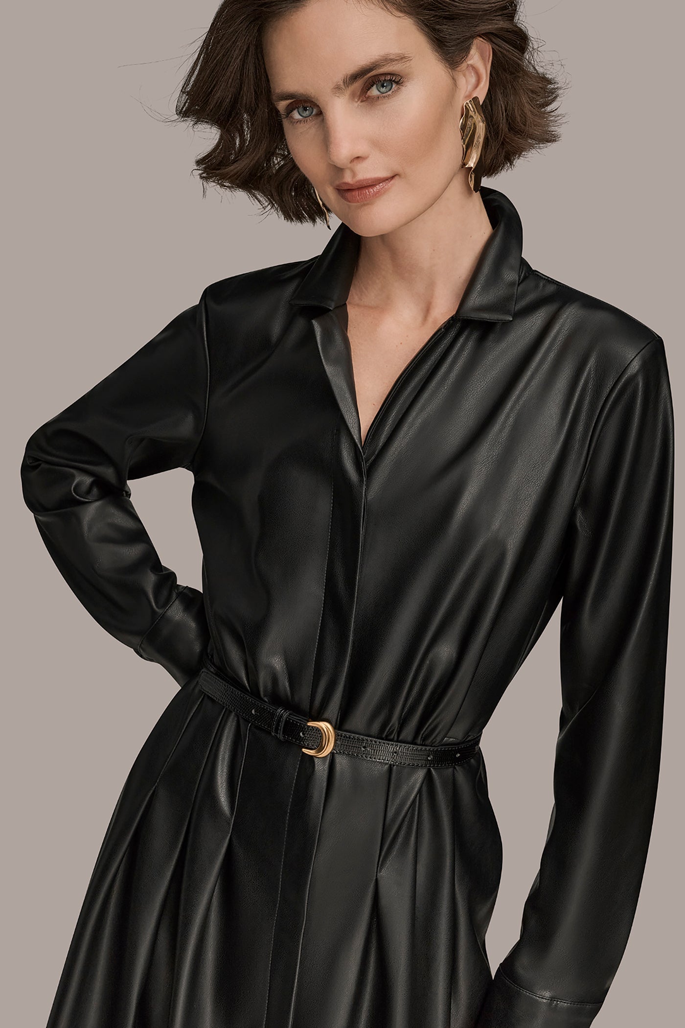 Black LONG SLEEVE FAUX LEATHER MIDI SHIRT DRESS Donna Karan