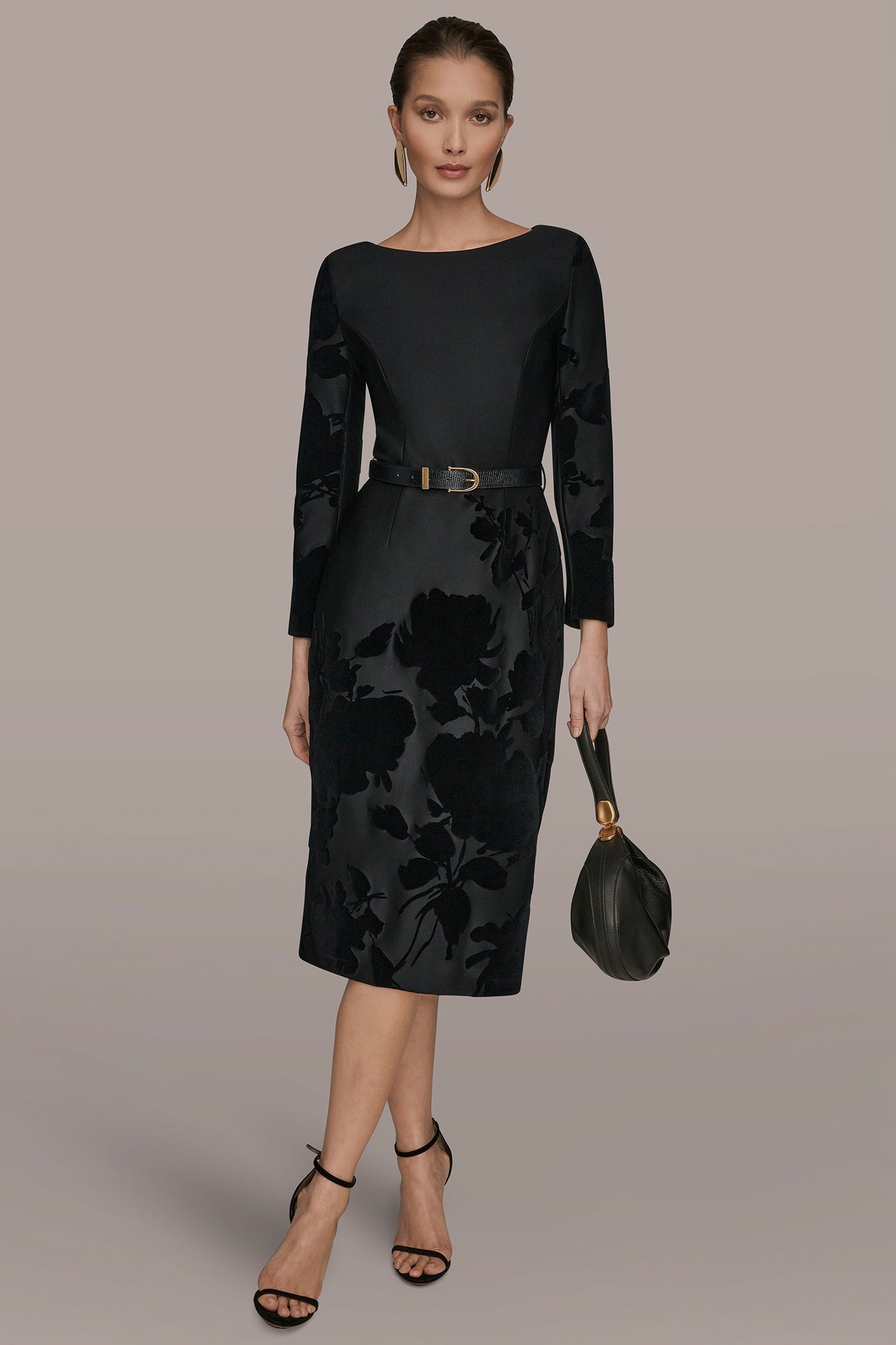 BLACK 3/4 SLEEVE BOATNECK MIDI SHEATH DRESS Donna Karan