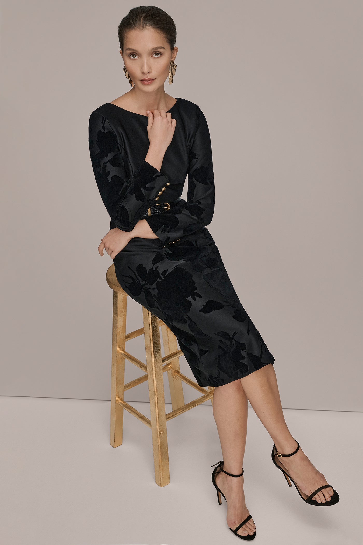 BLACK 3/4 SLEEVE BOATNECK MIDI SHEATH DRESS Donna Karan