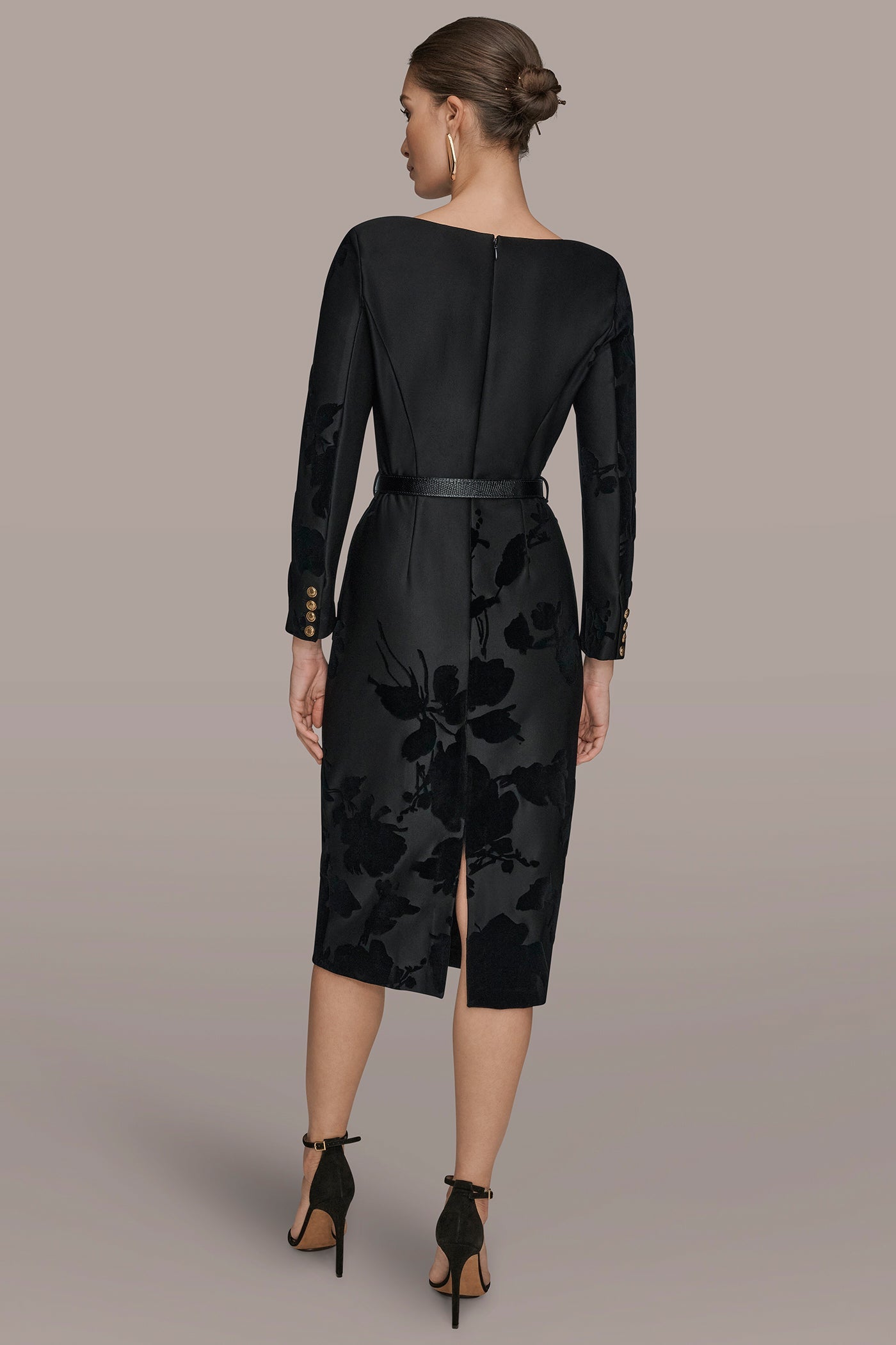 BLACK 3/4 SLEEVE BOATNECK MIDI SHEATH DRESS Donna Karan