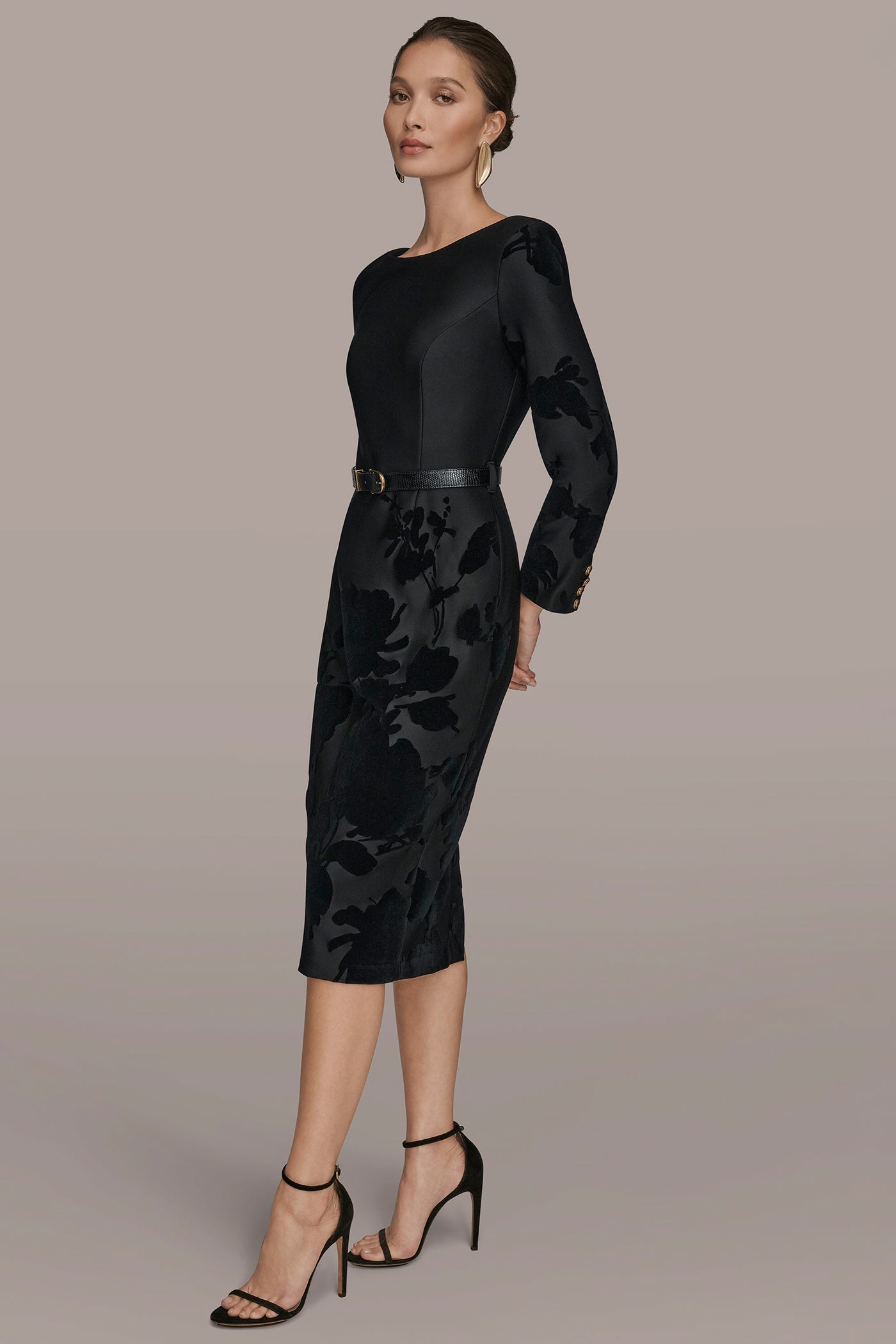 BLACK 3/4 SLEEVE BOATNECK MIDI SHEATH DRESS Donna Karan