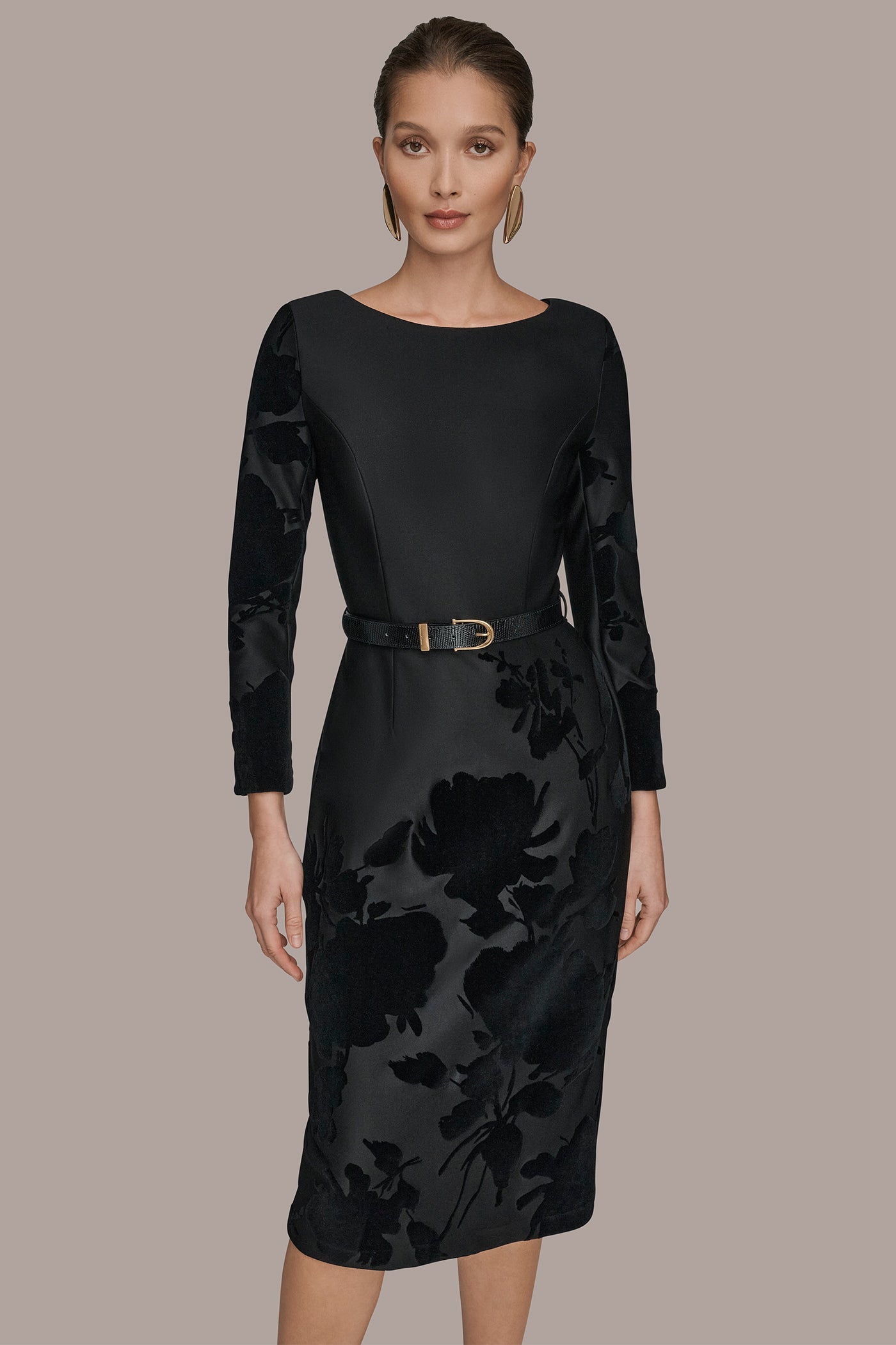 BLACK 3/4 SLEEVE BOATNECK MIDI SHEATH DRESS Donna Karan