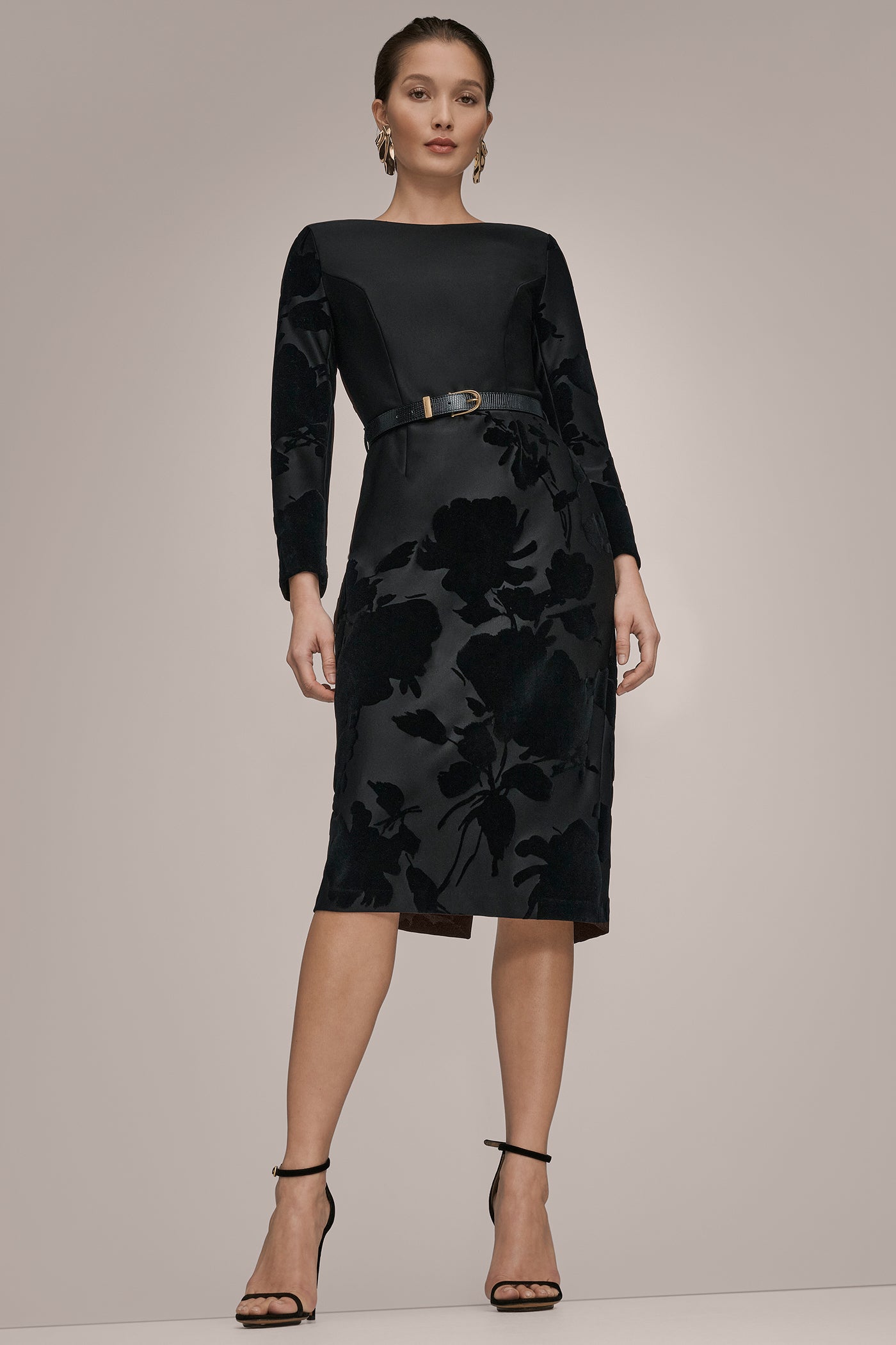 BLACK 3/4 SLEEVE BOATNECK MIDI SHEATH DRESS Donna Karan