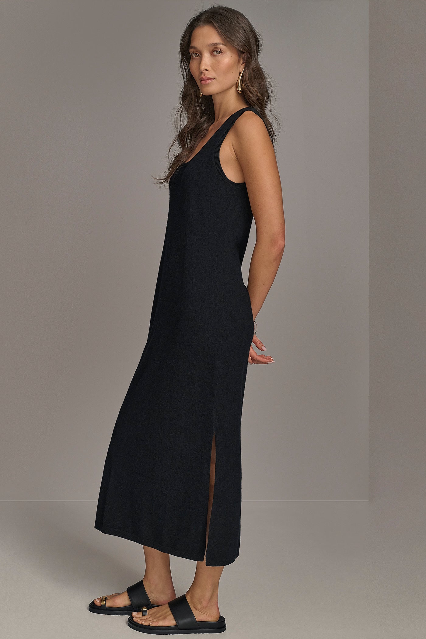 Black CASHMERE SLEEVELESS MIDI TANK DRESS Donna Karan