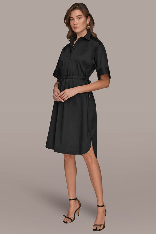 Black COTTON-SATEEN DRAWSTRING SHIRT DRESS Donna Karan