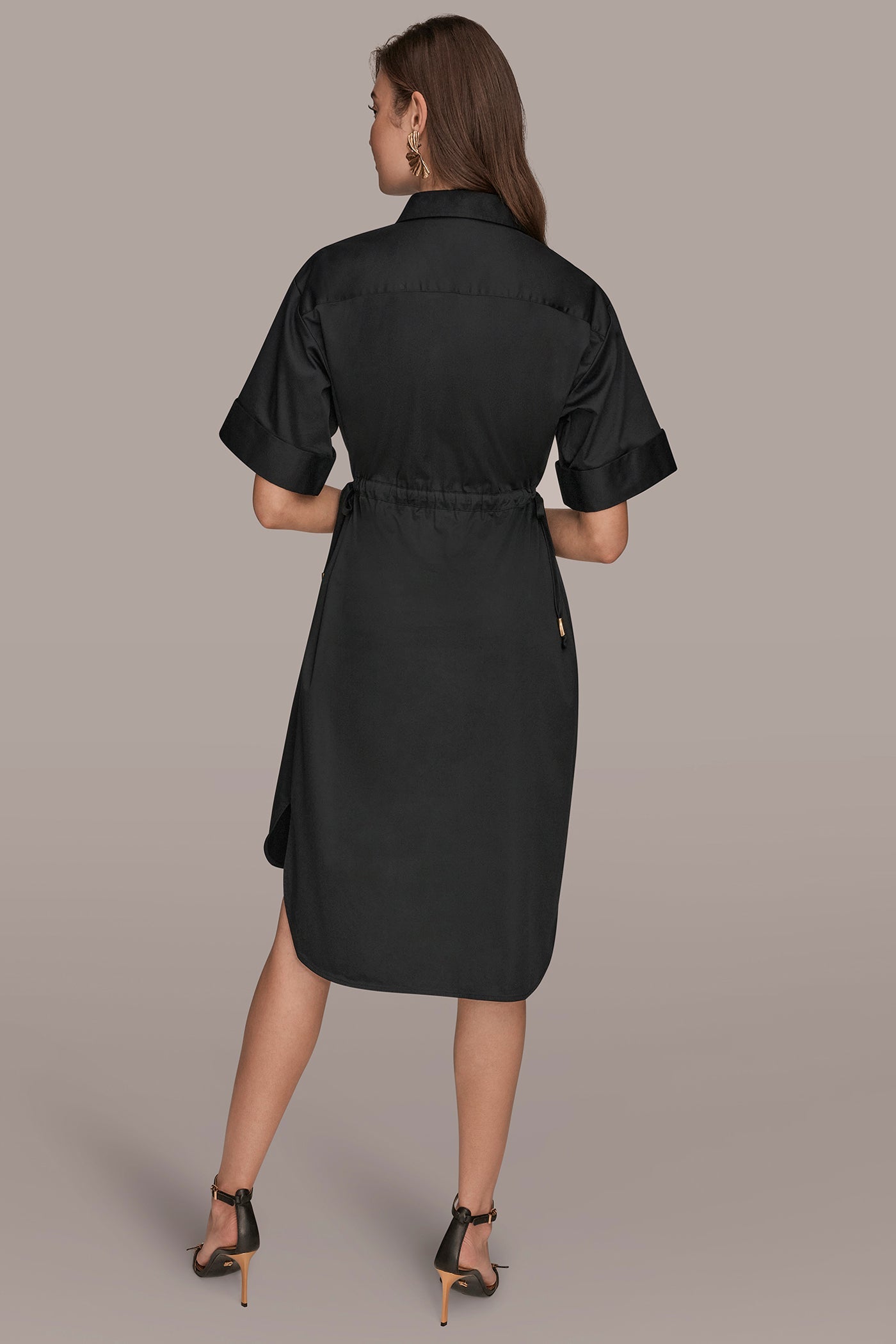 Black COTTON-SATEEN DRAWSTRING SHIRT DRESS Donna Karan