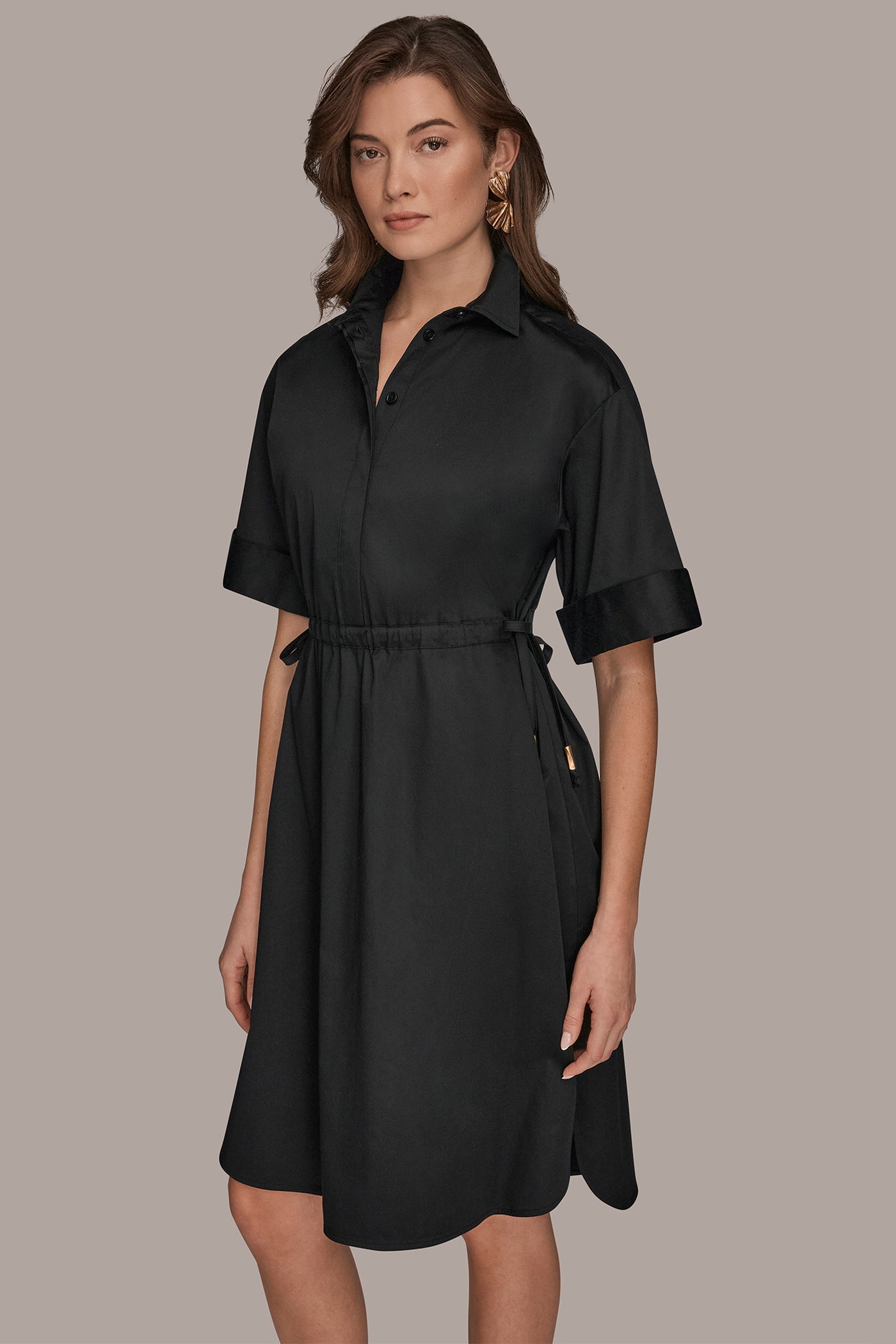 Black COTTON-SATEEN DRAWSTRING SHIRT DRESS Donna Karan