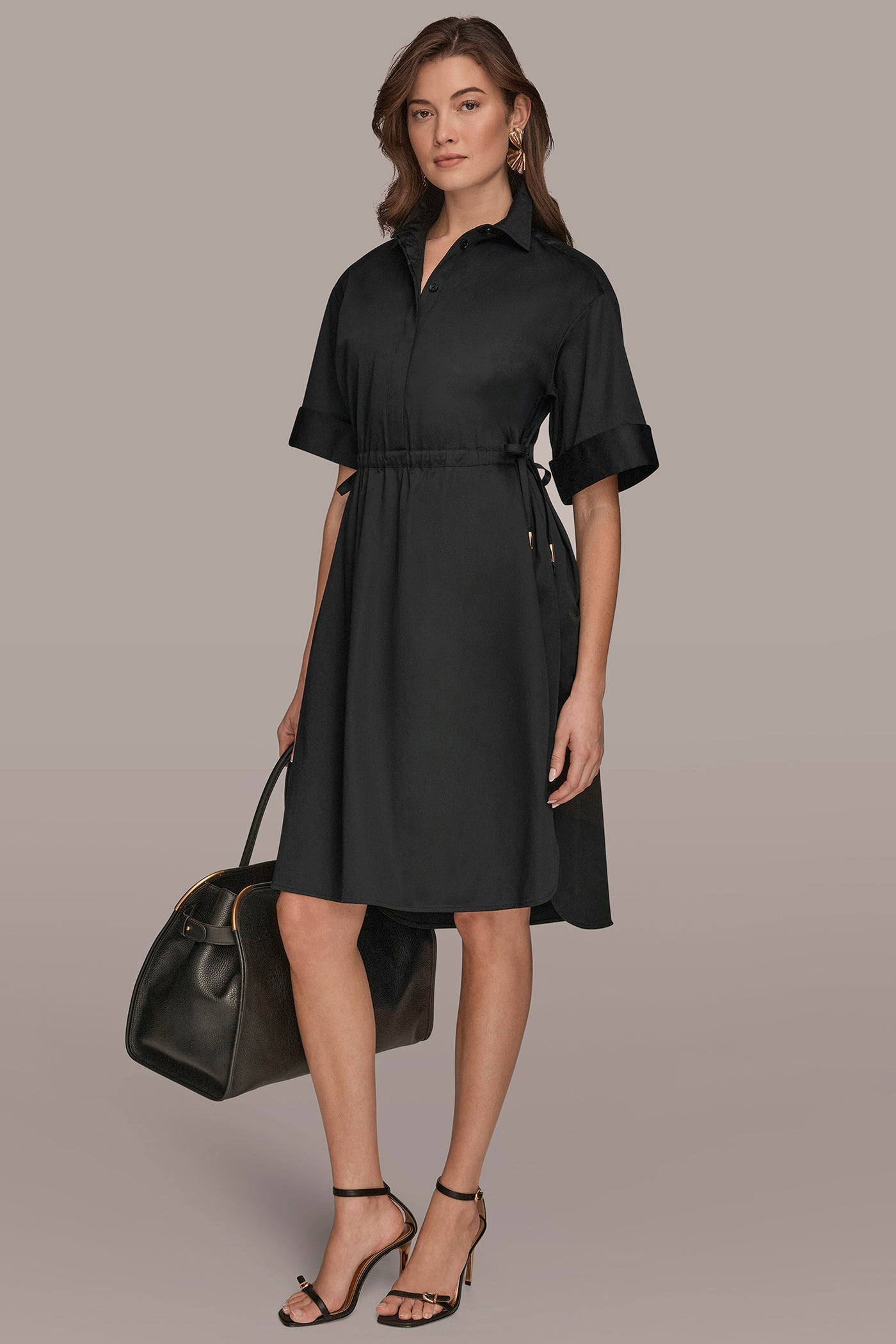 Black COTTON-SATEEN DRAWSTRING SHIRT DRESS Donna Karan