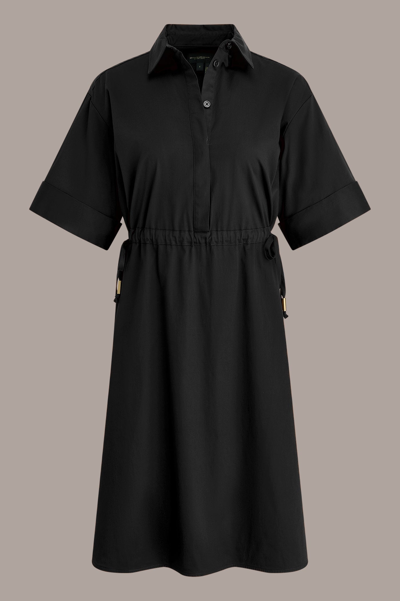 Black COTTON-SATEEN DRAWSTRING SHIRT DRESS Donna Karan