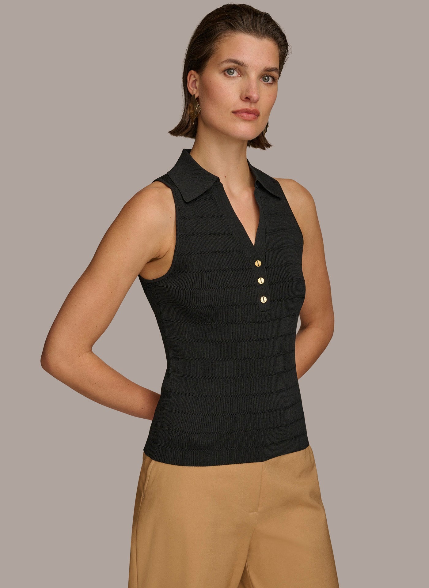 Black TEXTURE SWEATER WITH  GOLD BUTTONS Donna Karan