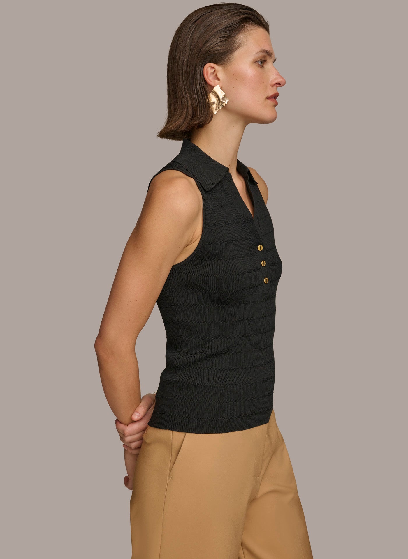 Black TEXTURE SWEATER WITH  GOLD BUTTONS Donna Karan