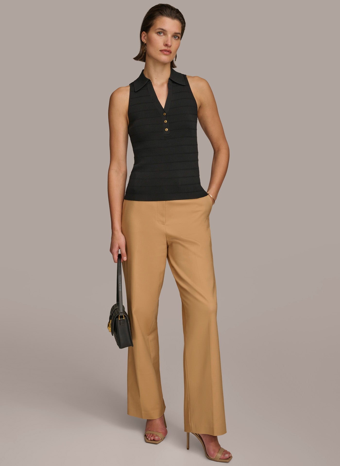 Black TEXTURE SWEATER WITH  GOLD BUTTONS Donna Karan