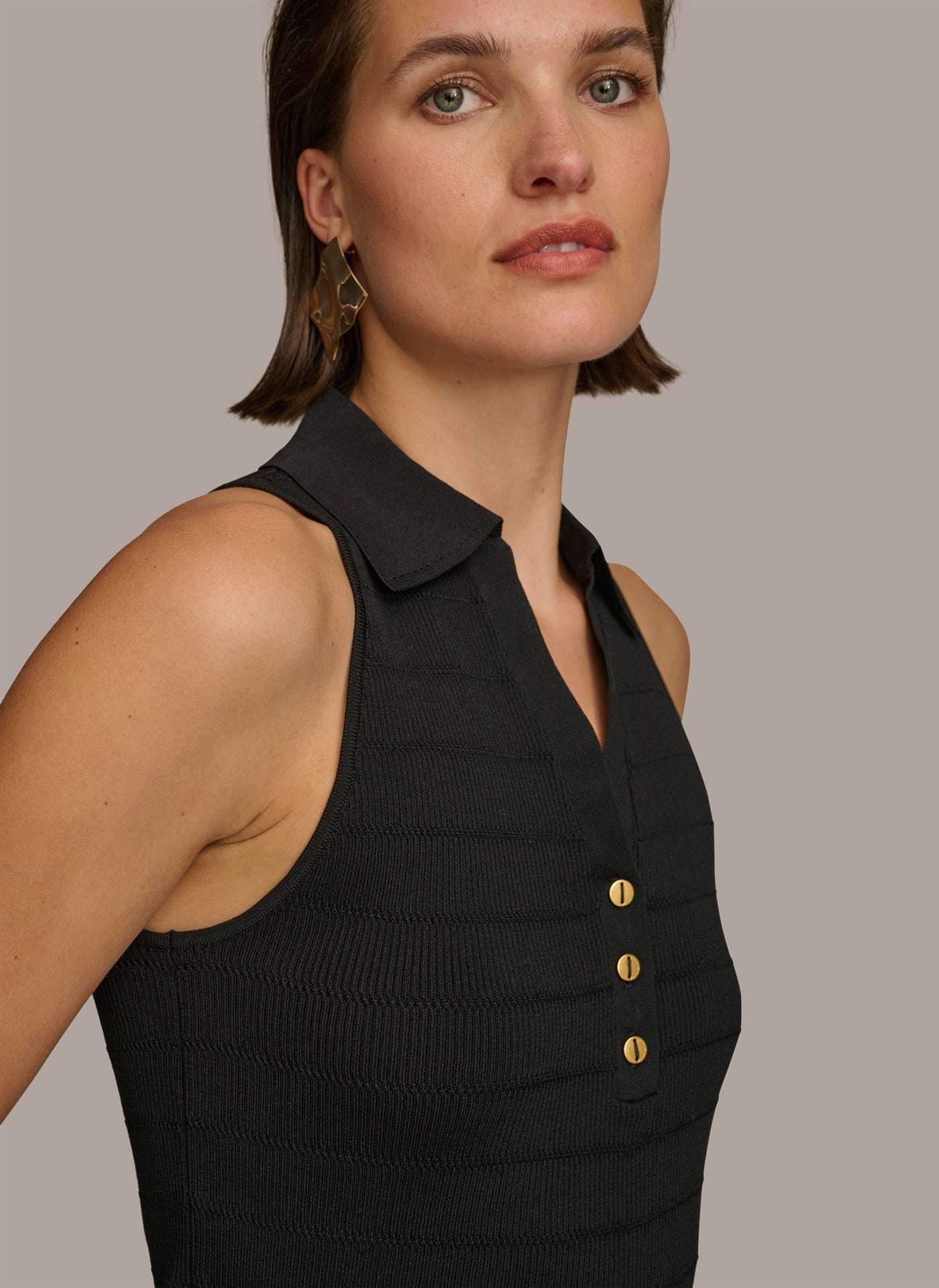Black TEXTURE SWEATER WITH  GOLD BUTTONS Donna Karan