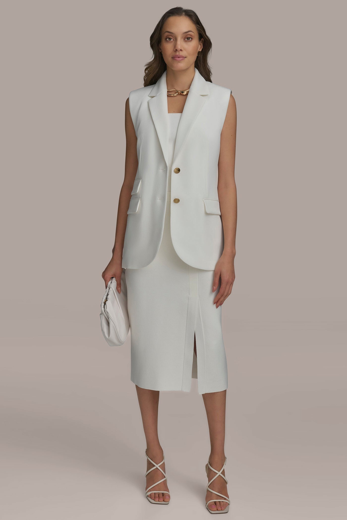 CREAM BUTTON VEST WITH POCKET DETAIL Donna Karan