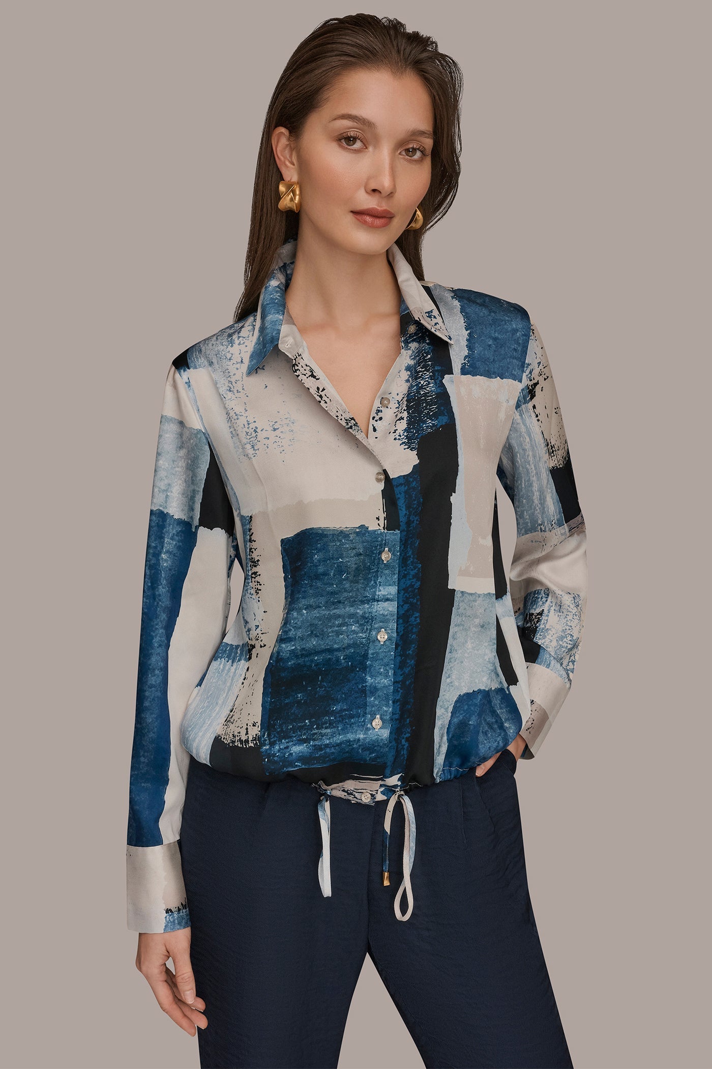Washed Indigo/Cream Multi DRAWSTRING HEM BLOUSE Donna Karan