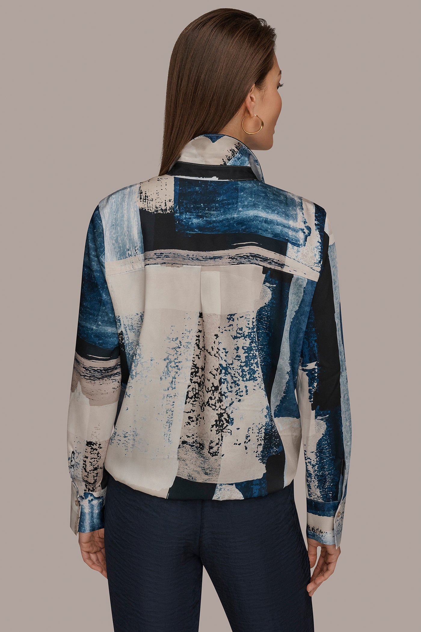 Washed Indigo/Cream Multi DRAWSTRING HEM BLOUSE Donna Karan