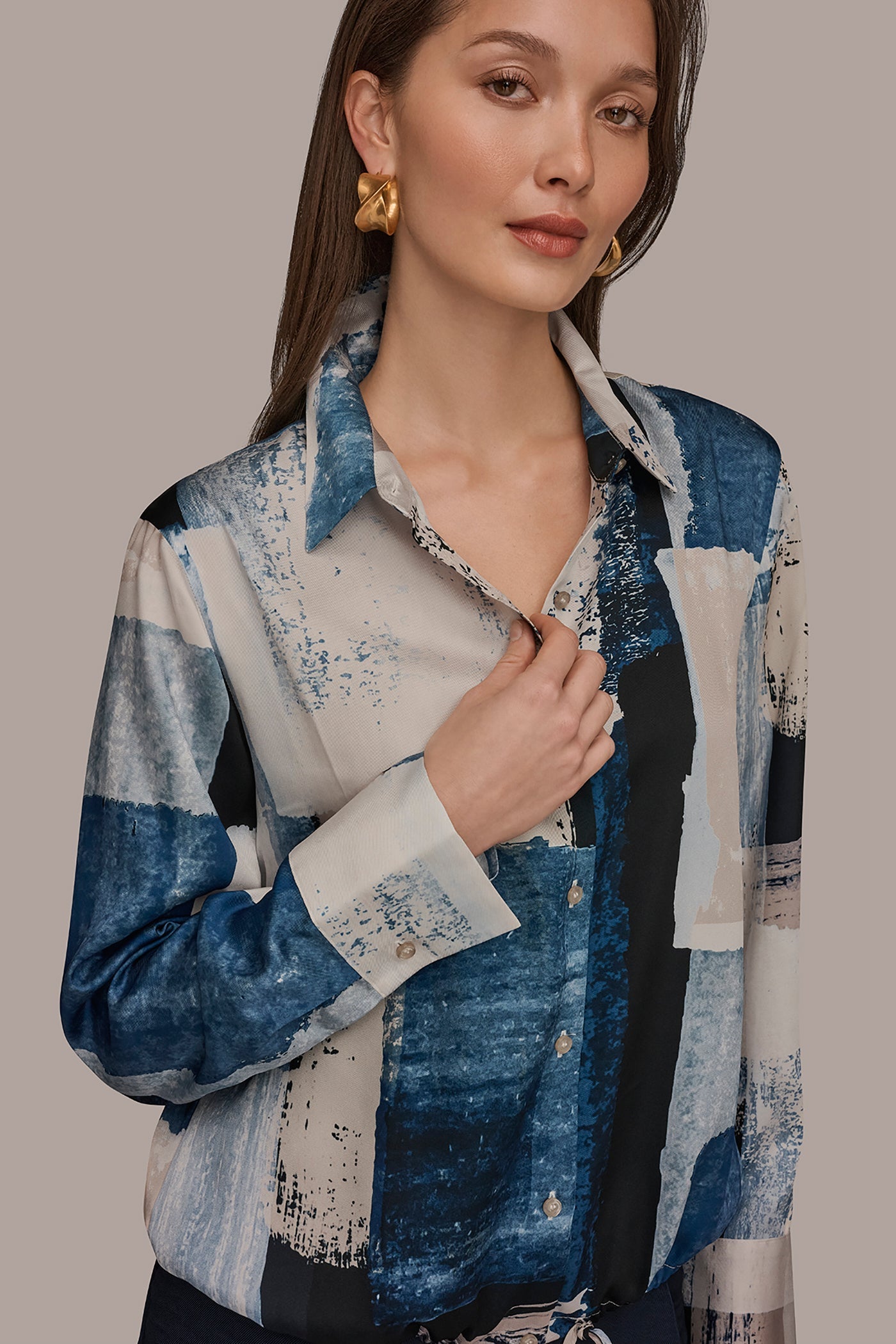 Washed Indigo/Cream Multi DRAWSTRING HEM BLOUSE Donna Karan