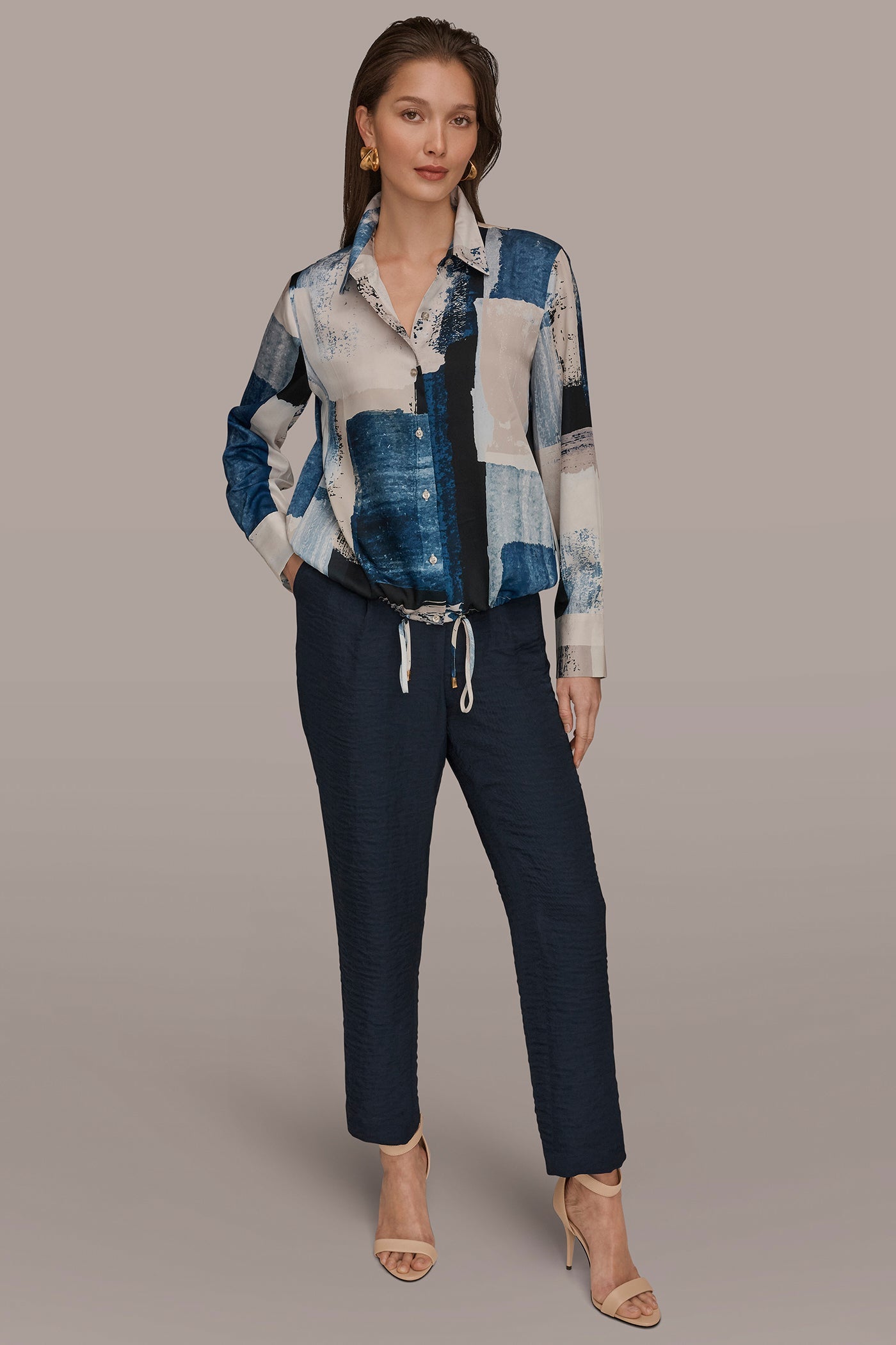 Washed Indigo/Cream Multi DRAWSTRING HEM BLOUSE Donna Karan