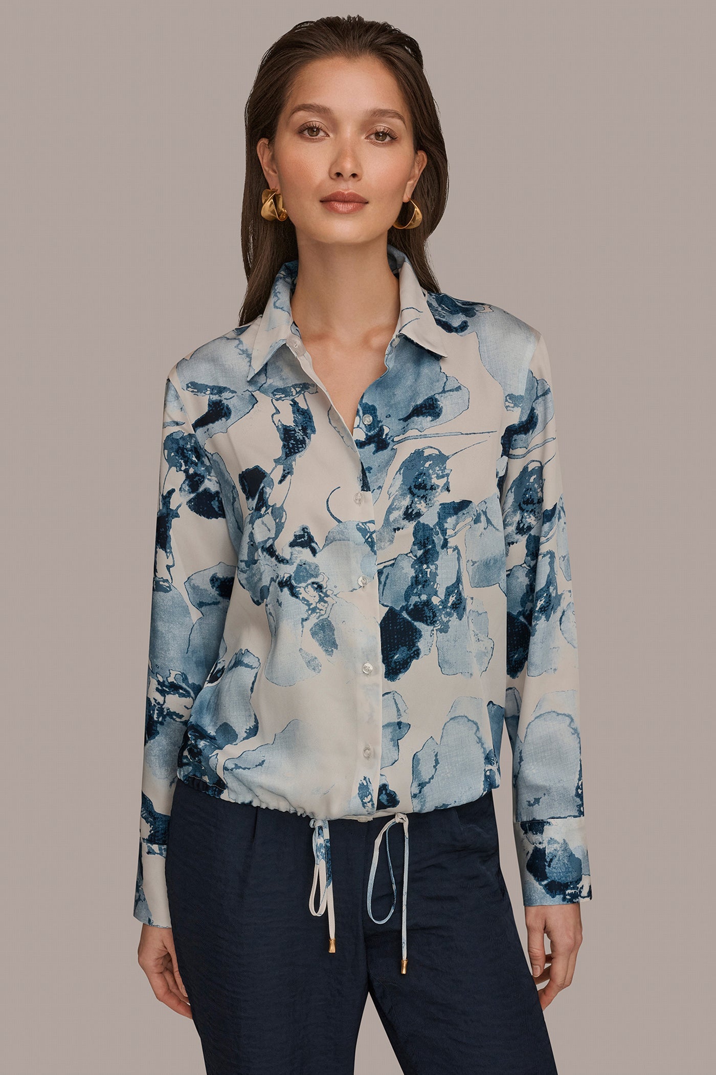 Sea Mist Multi DRAWSTRING HEM BLOUSE Donna Karan