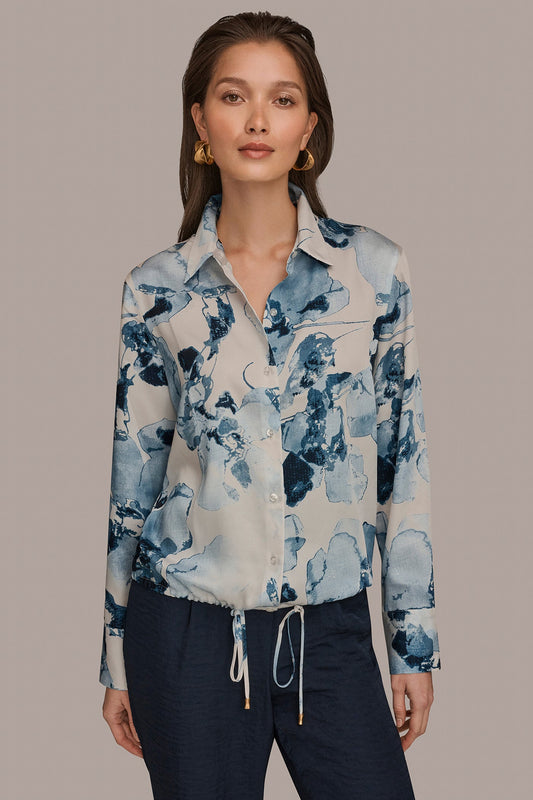 Sea Mist Multi DRAWSTRING HEM BLOUSE Donna Karan