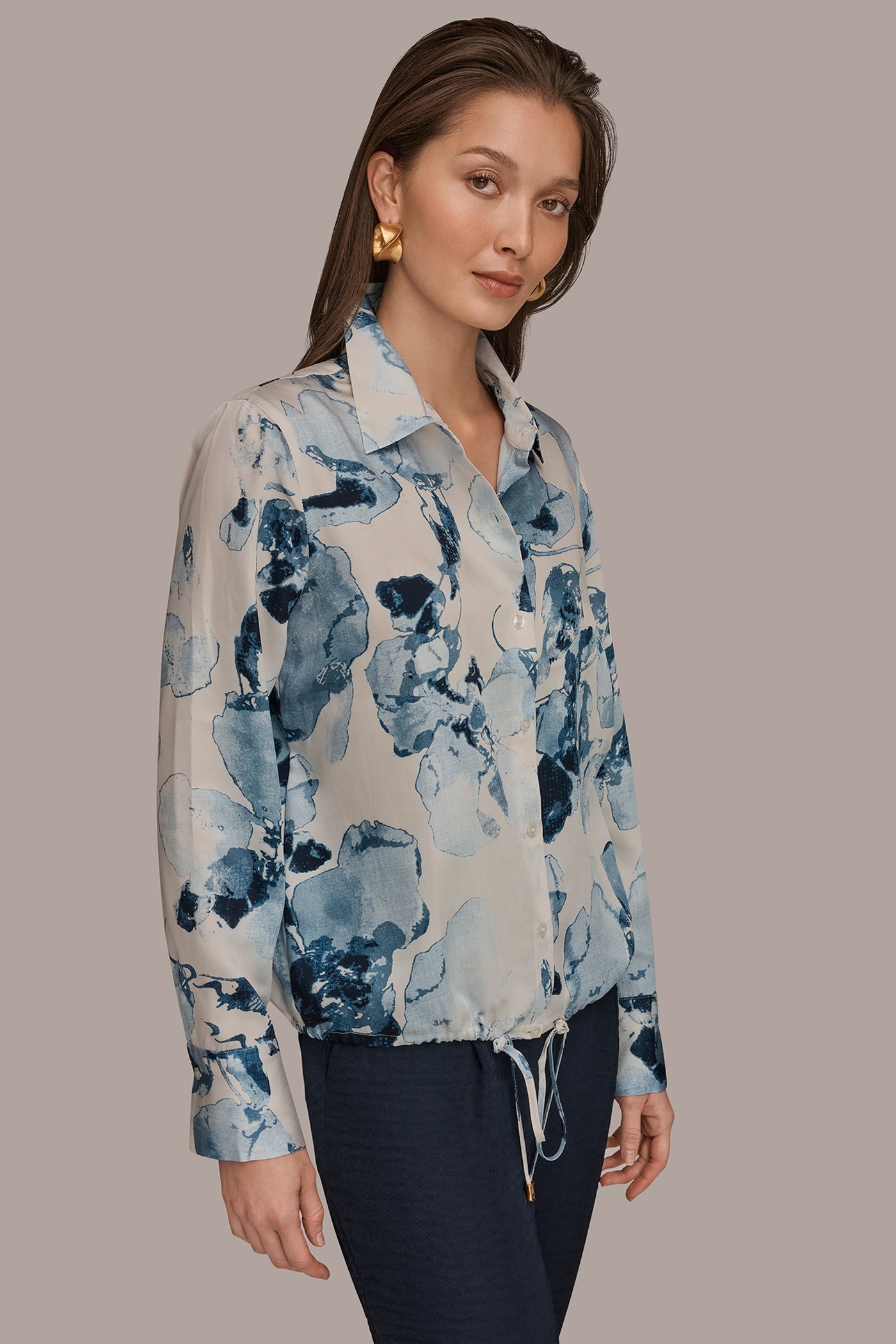Sea Mist Multi DRAWSTRING HEM BLOUSE Donna Karan
