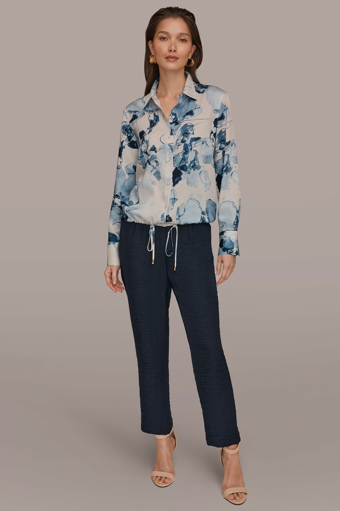 Sea Mist Multi DRAWSTRING HEM BLOUSE Donna Karan