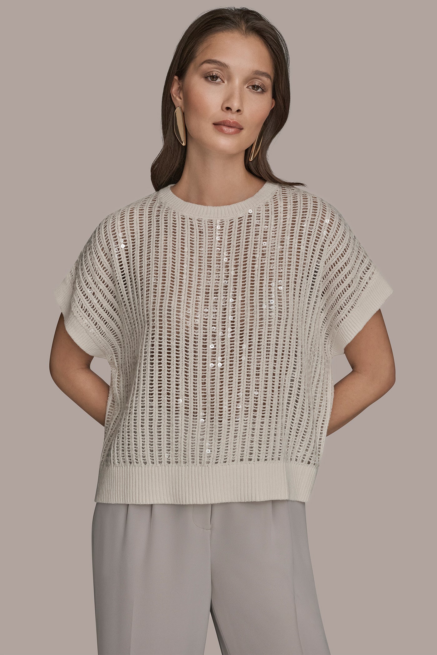 CREAM COTTON-BLEND SEQUIN OPEN-KNIT SWEATER Donna Karan