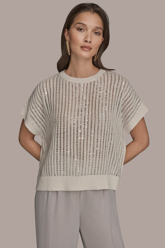 CREAM COTTON-BLEND SEQUIN OPEN-KNIT SWEATER Donna Karan