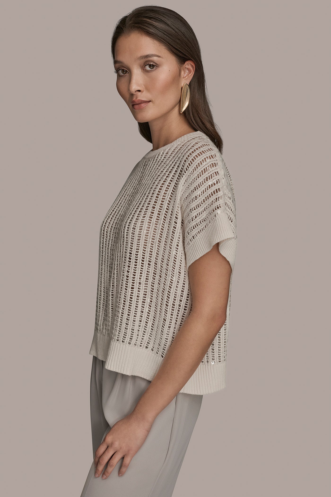 CREAM COTTON-BLEND SEQUIN OPEN-KNIT SWEATER Donna Karan