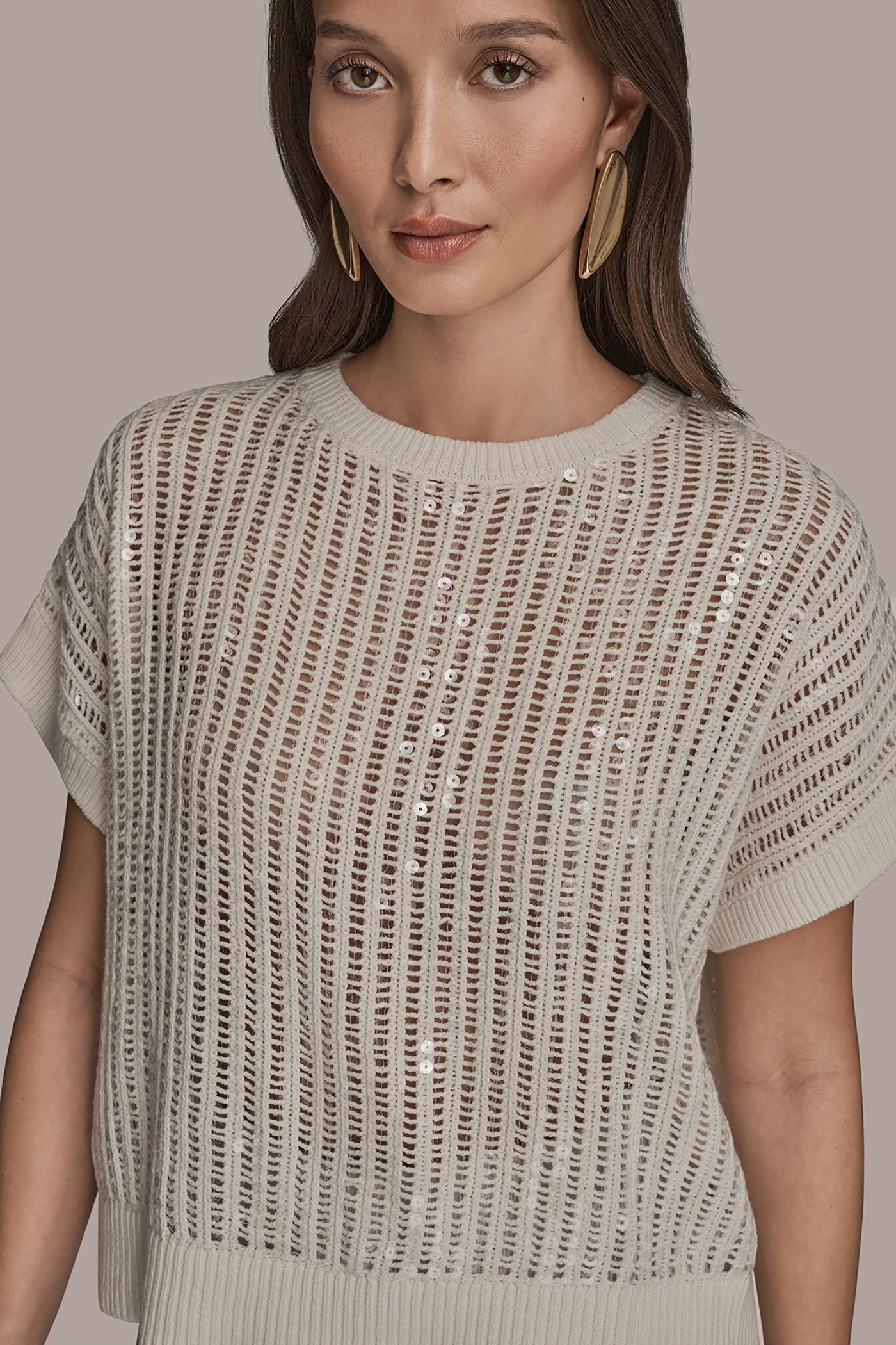 CREAM COTTON-BLEND SEQUIN OPEN-KNIT SWEATER Donna Karan