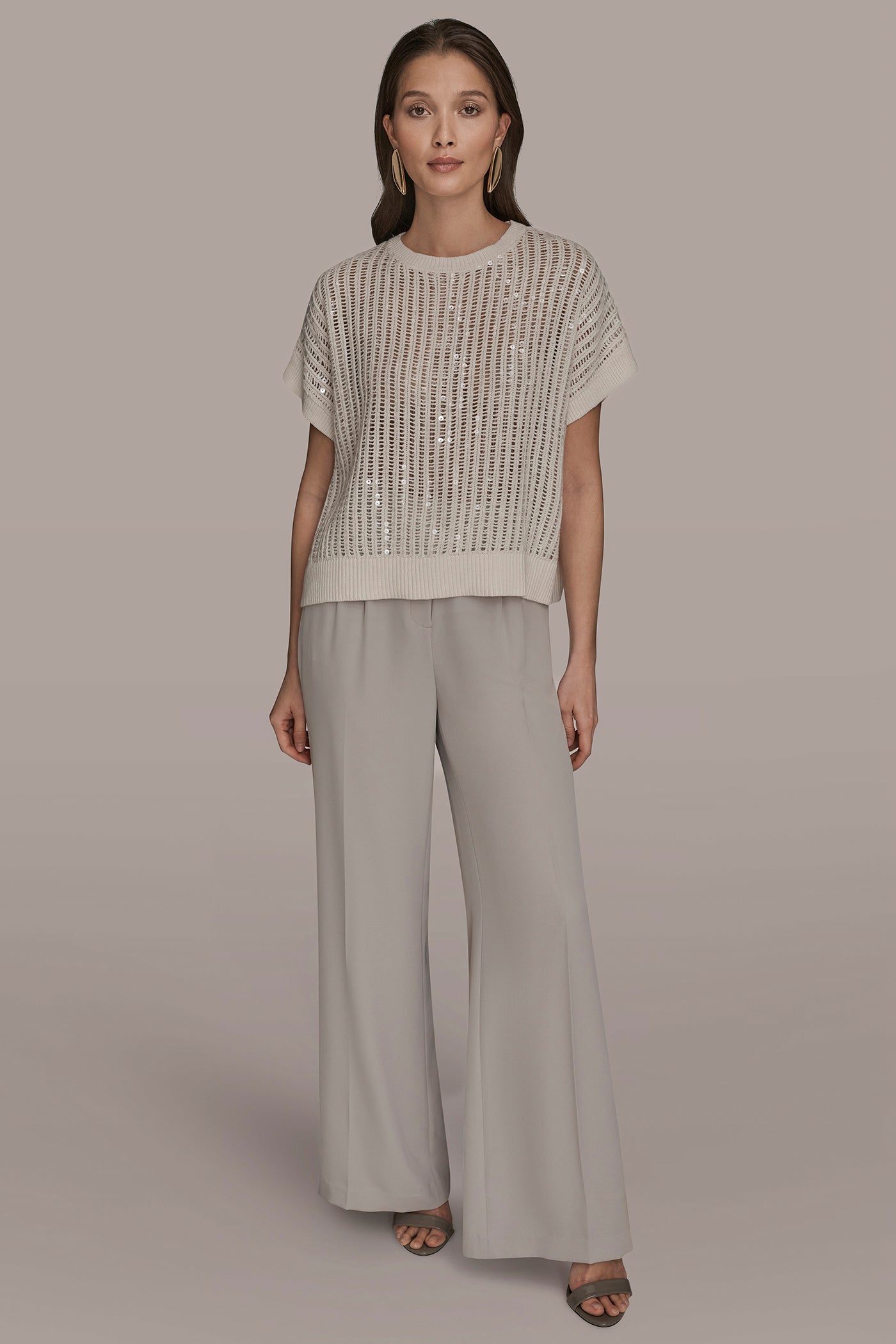CREAM COTTON-BLEND SEQUIN OPEN-KNIT SWEATER Donna Karan