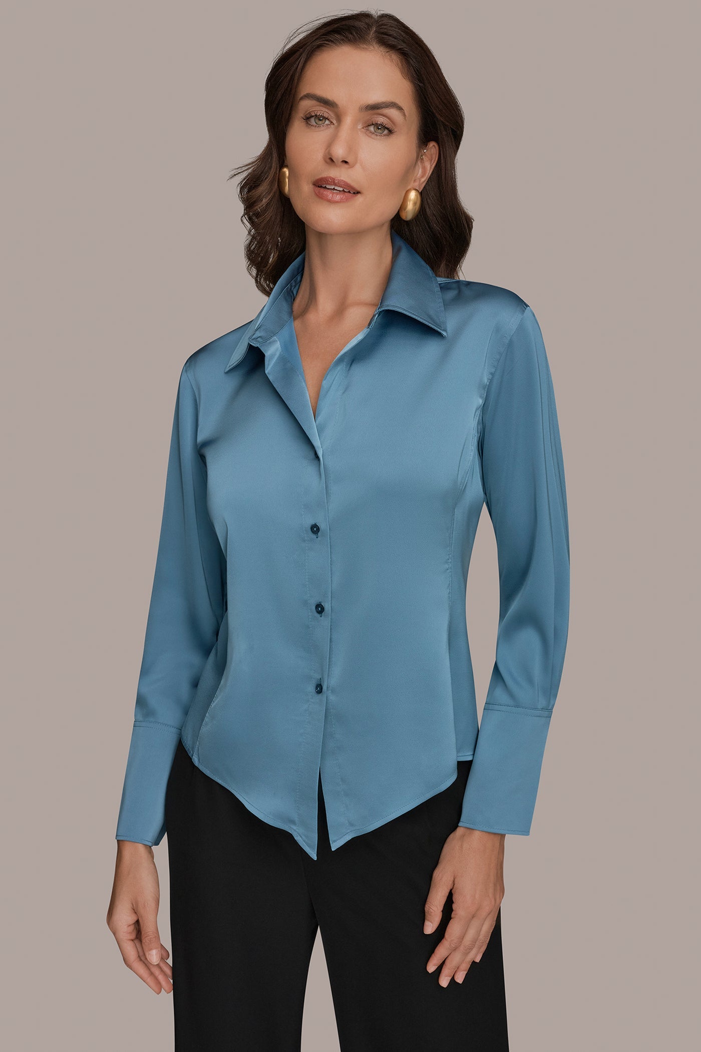 Washed Indigo SATIN HIGH-LOW BLOUSE Donna Karan