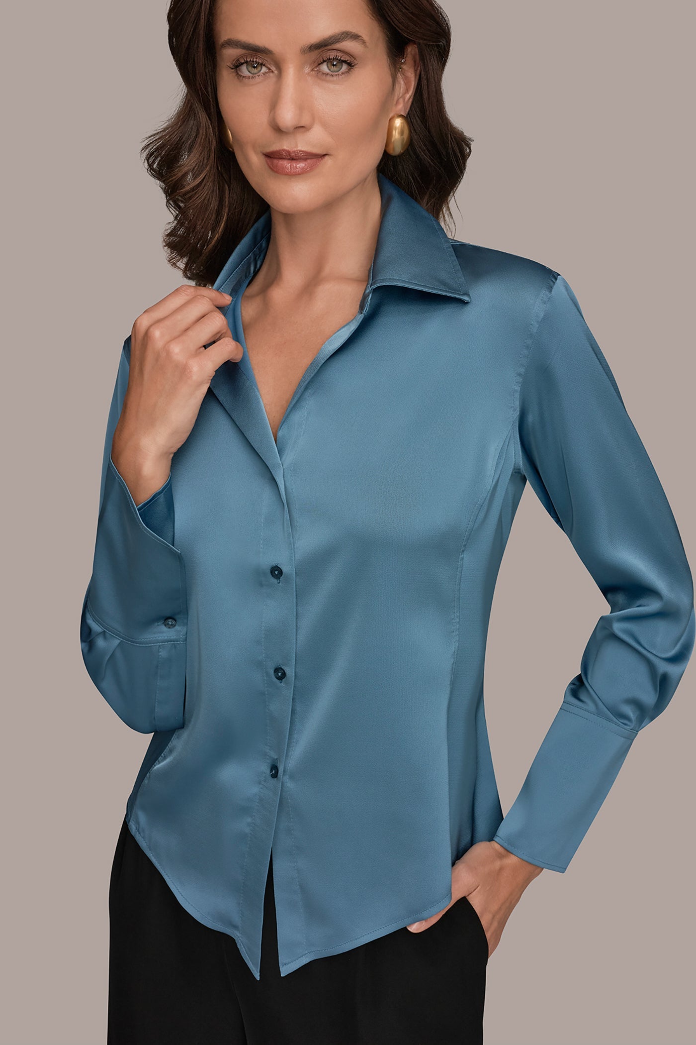 Washed Indigo SATIN HIGH-LOW BLOUSE Donna Karan