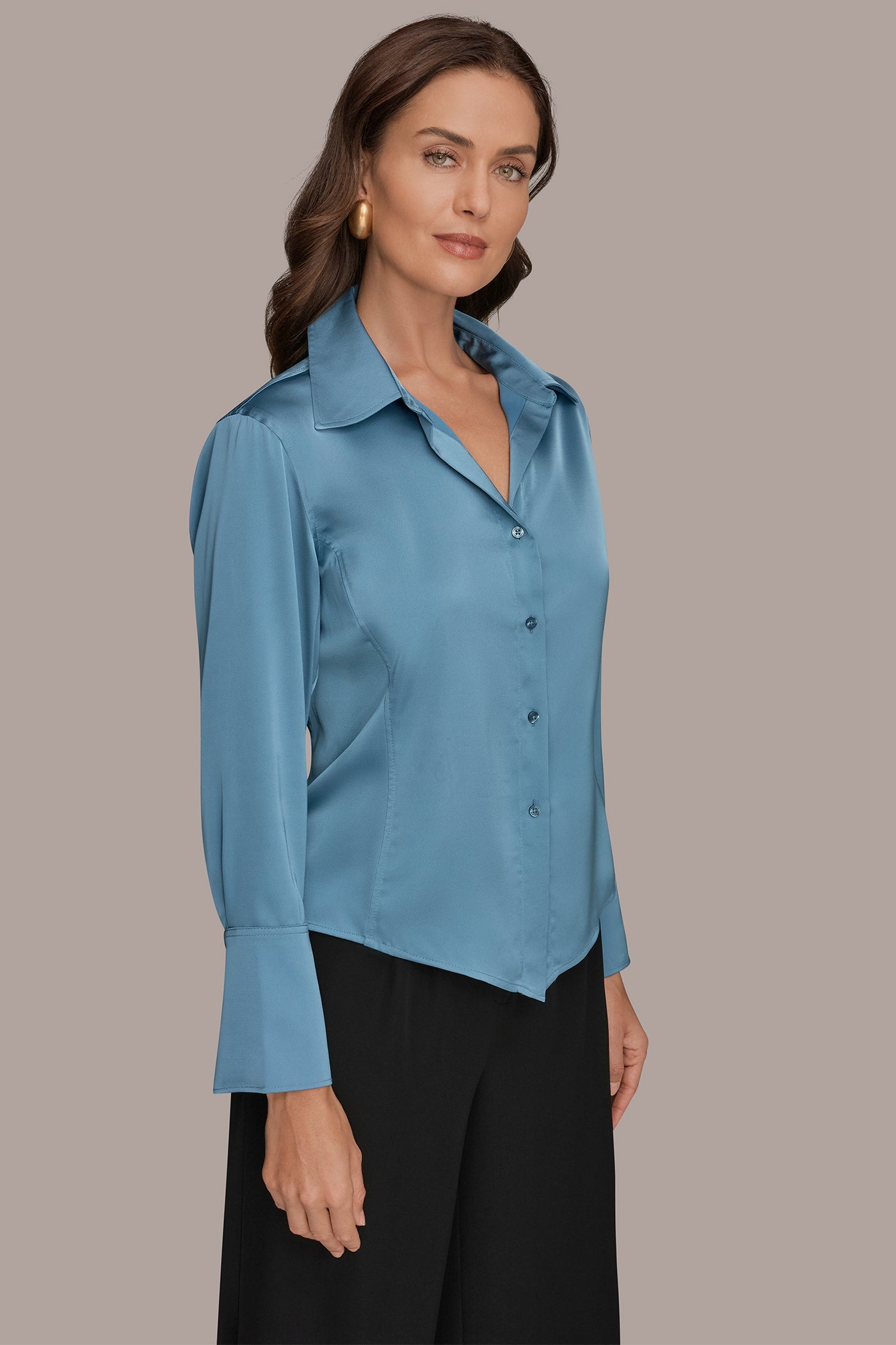 Washed Indigo SATIN HIGH-LOW BLOUSE Donna Karan