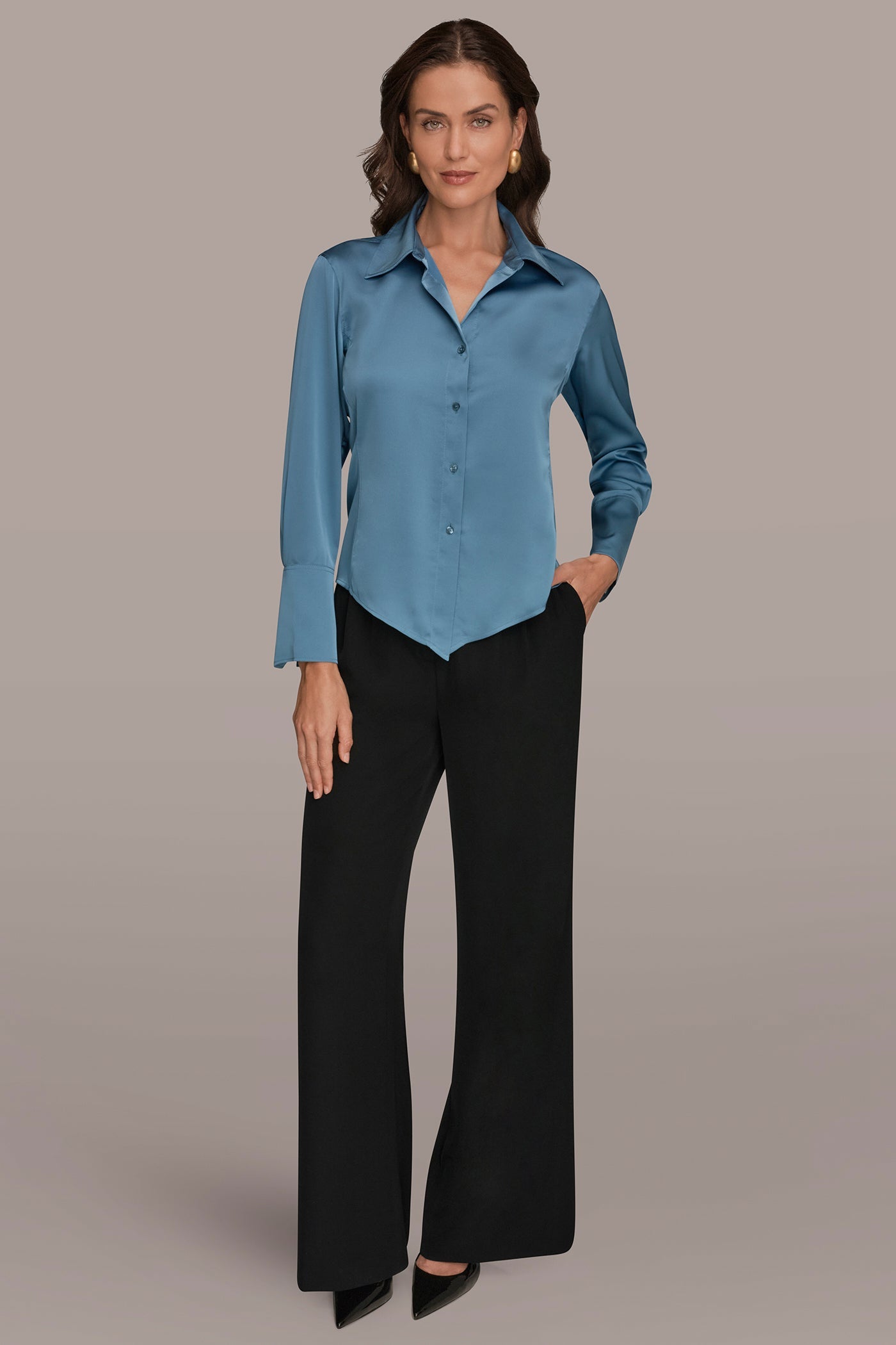 Washed Indigo SATIN HIGH-LOW BLOUSE Donna Karan