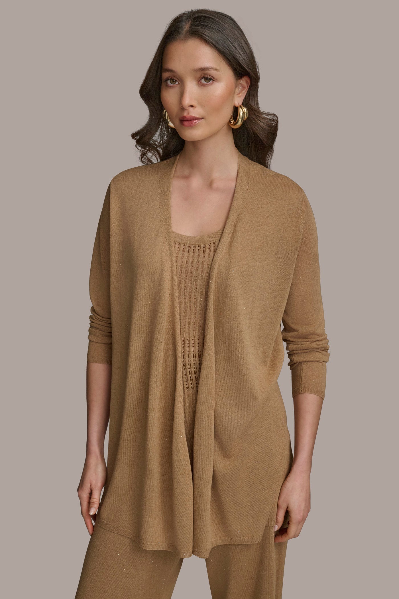 Hazelnut LONG SLEEVE RIB OPEN CARDIGAN Donna Karan