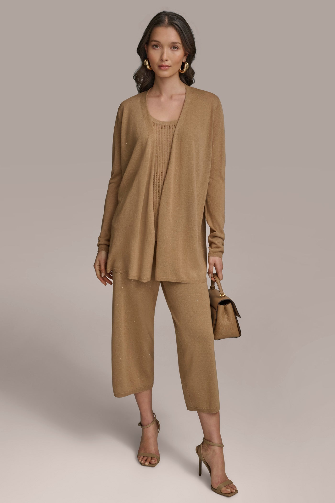 Hazelnut LONG SLEEVE RIB OPEN CARDIGAN Donna Karan