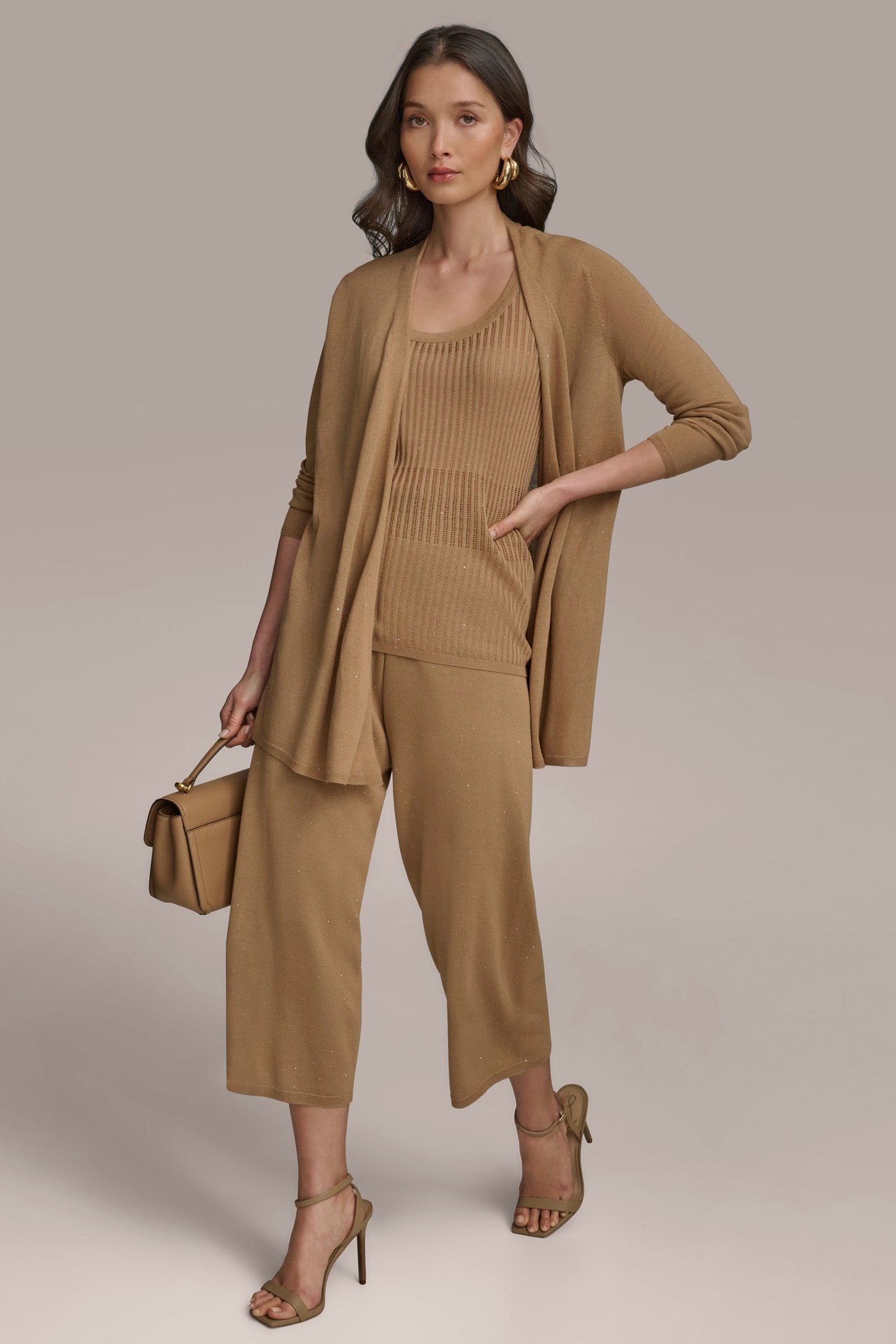 Hazelnut LONG SLEEVE RIB OPEN CARDIGAN Donna Karan