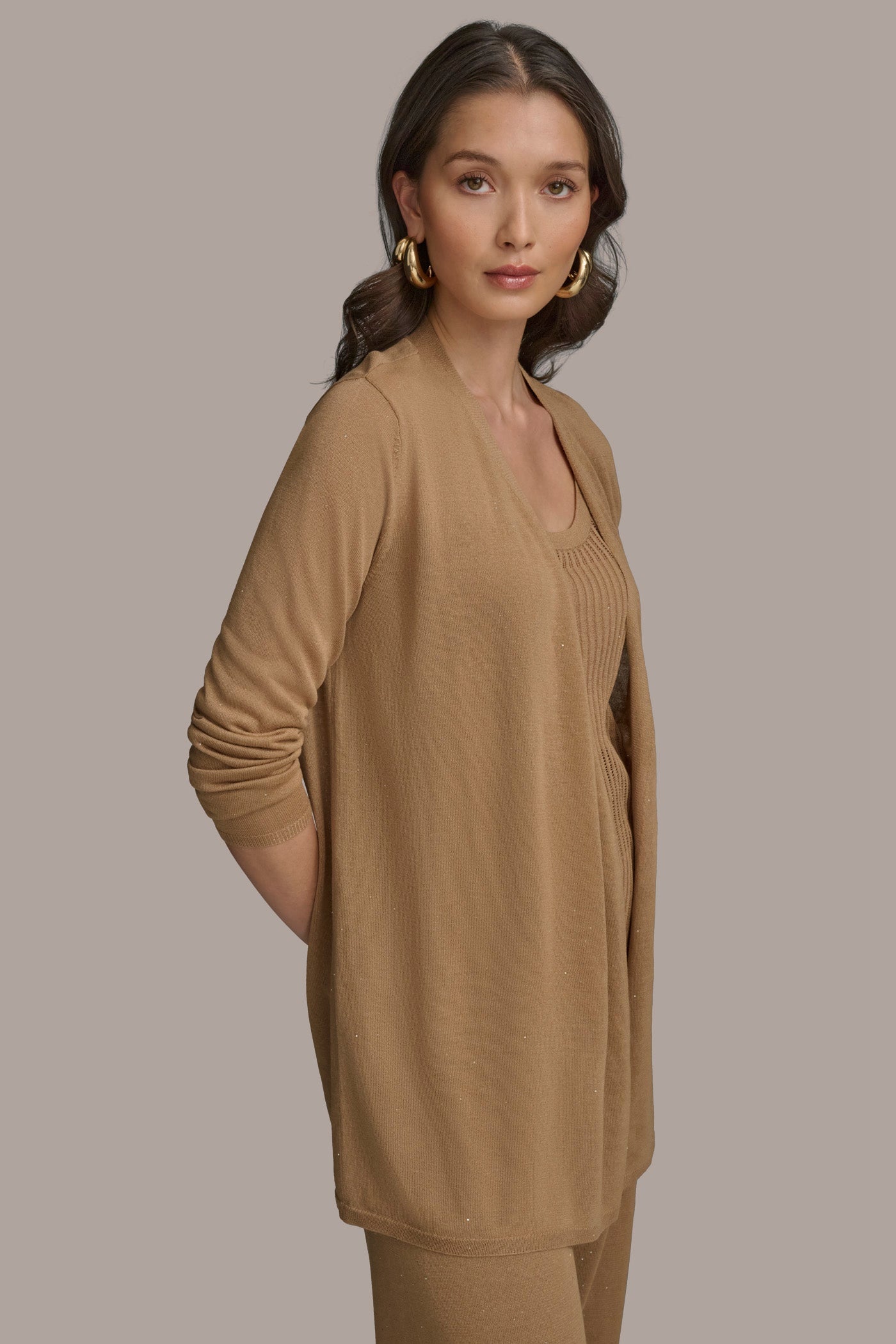 Hazelnut LONG SLEEVE RIB OPEN CARDIGAN Donna Karan