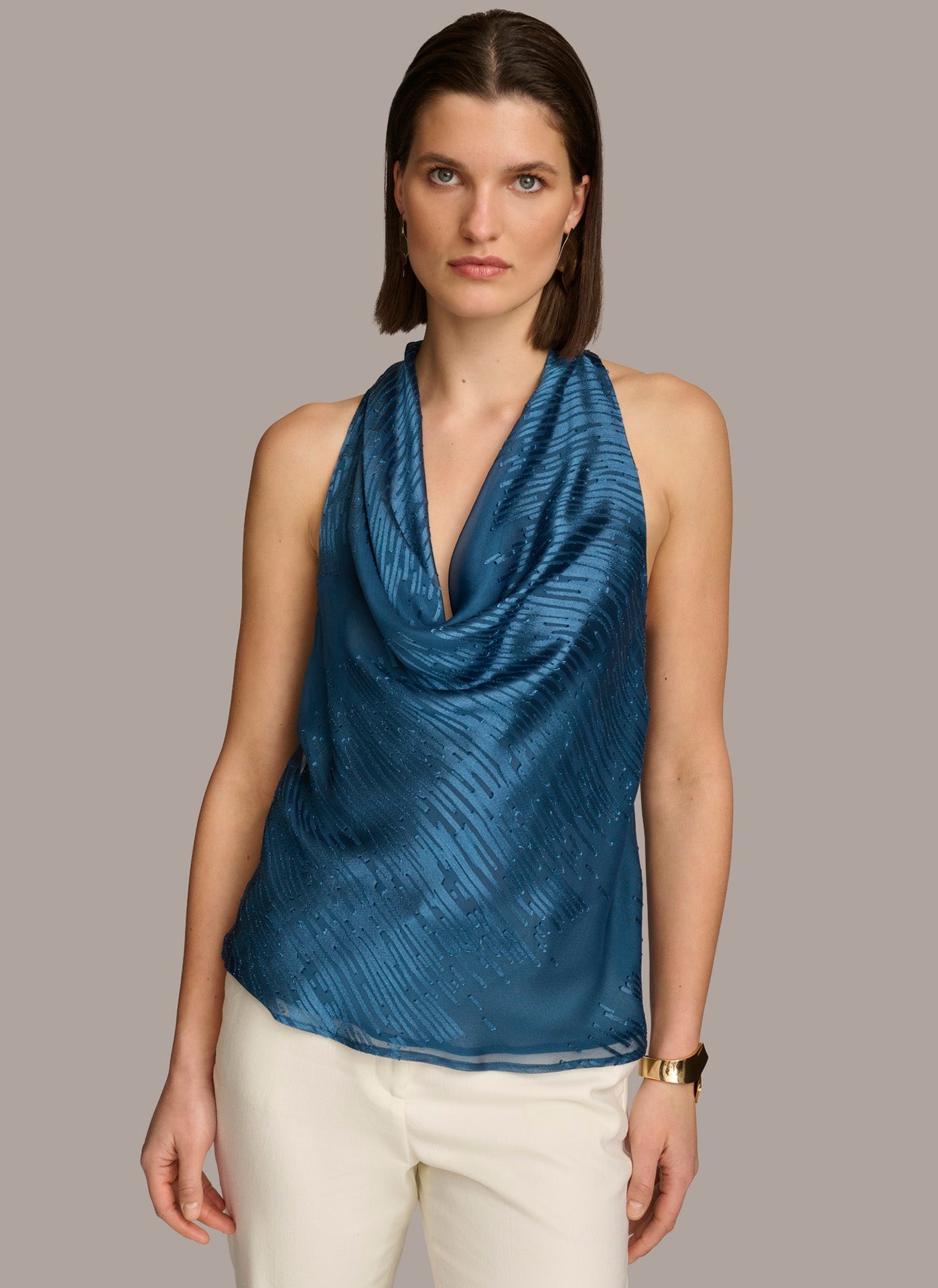 Tide Navy BURNOUT COWL NECK TOP Donna Karan